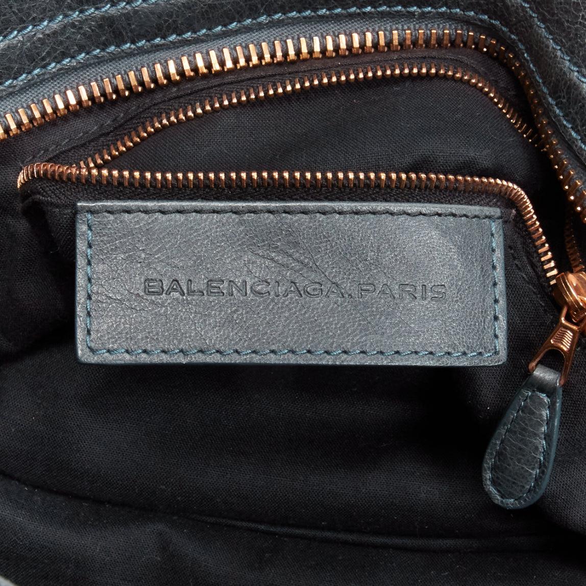 BALENCIAGA City dark green leather large copper studs top handle crossbody bag 6
