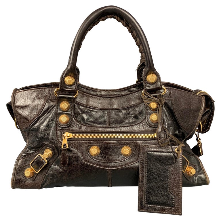 BALENCIAGA City Giant Studs Medium Brown Leather Satchel Handbag at 1stDibs