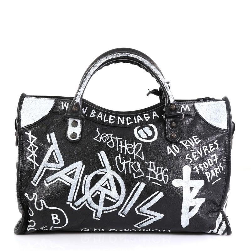Black Balenciaga City Graffiti Classic Studs Bag Leather Medium
