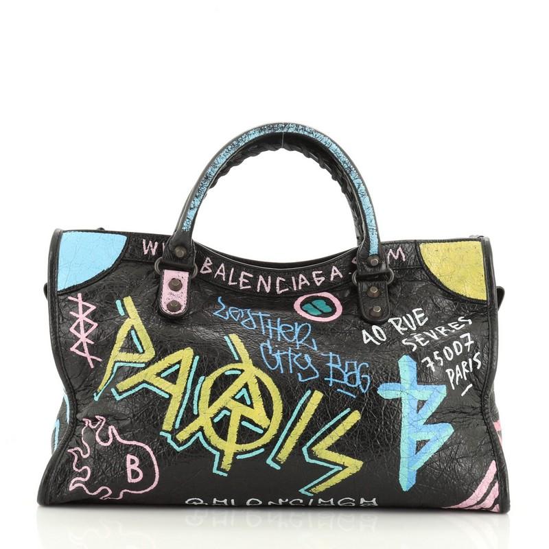 Black Balenciaga City Graffiti Classic Studs Bag Leather Medium