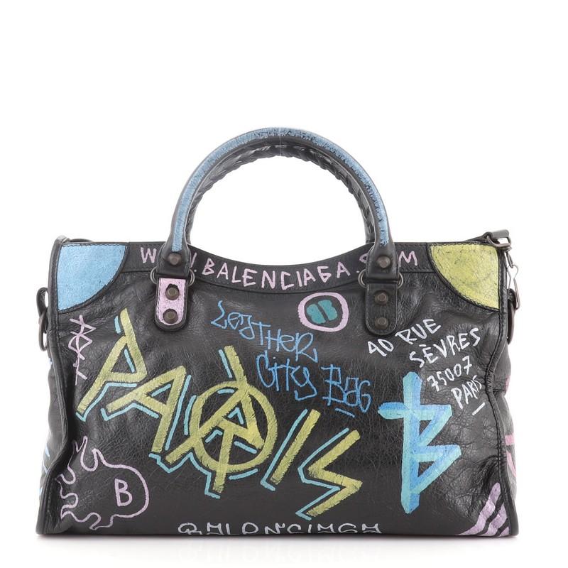 Balenciaga City Graffiti Classic Studs Bag Leather Medium In Good Condition In NY, NY