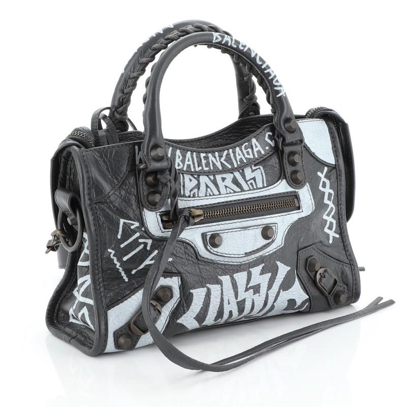 Black Balenciaga City Graffiti Classic Studs Bag Leather Mini