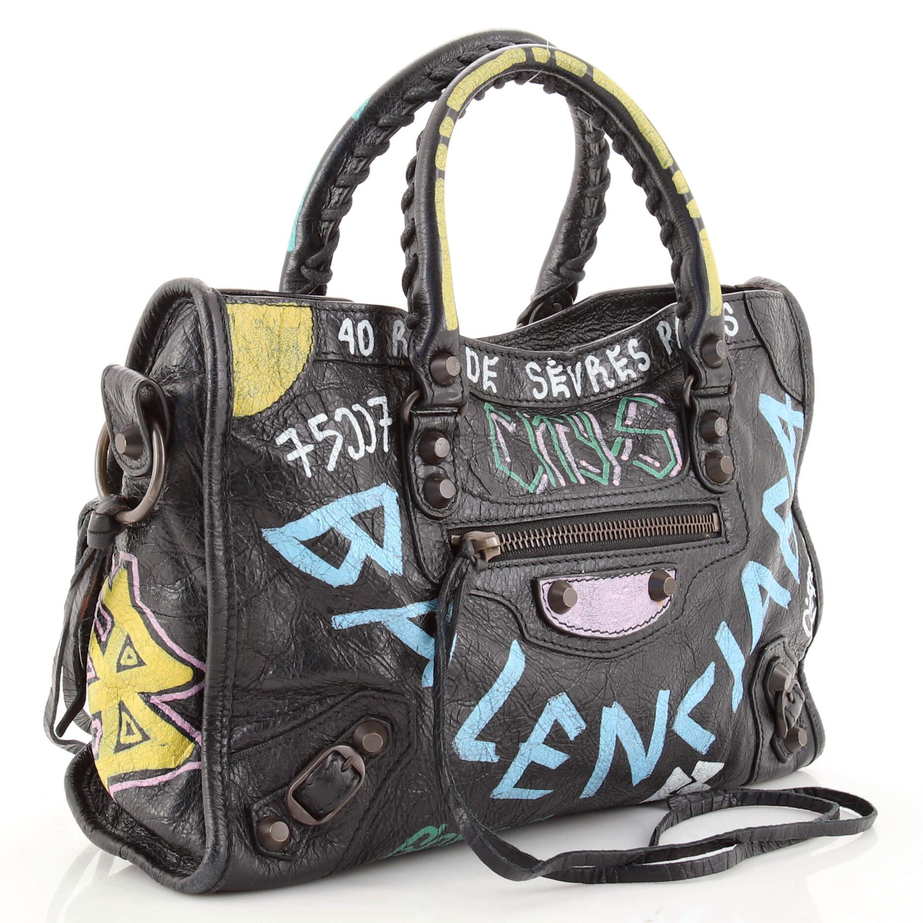 Noir Balenciaga City Graffiti Sac à clous classique en cuir petit modèle