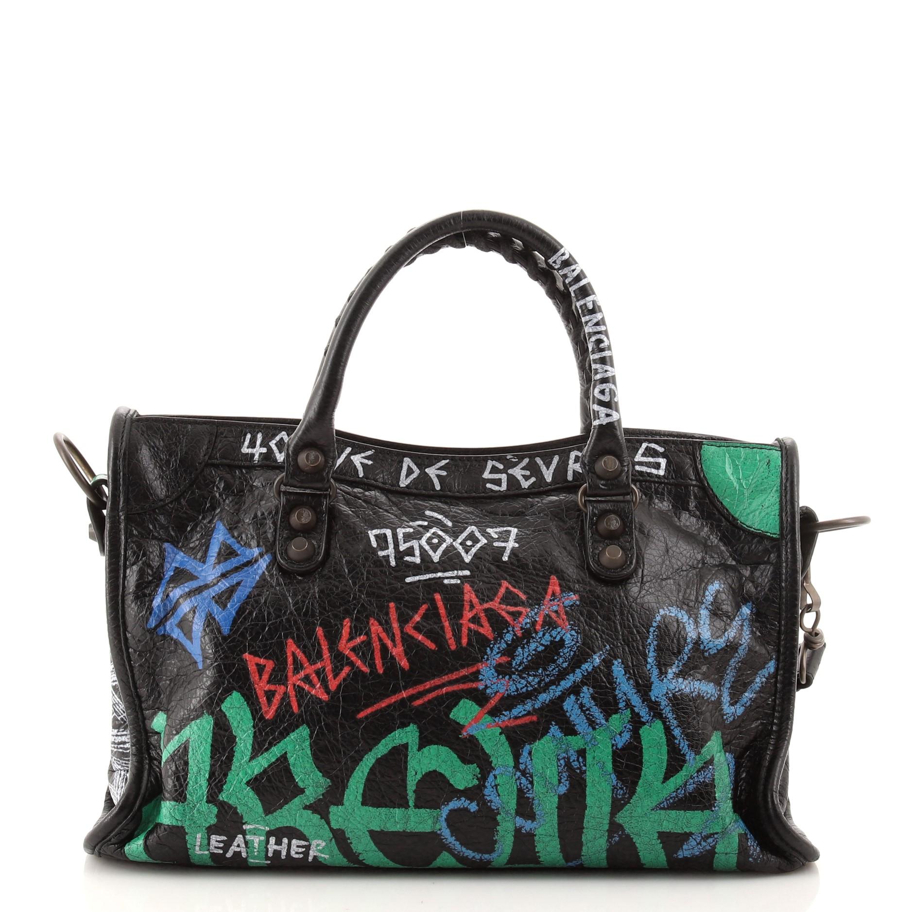 Black Balenciaga City Graffiti Classic Studs Bag Leather Small