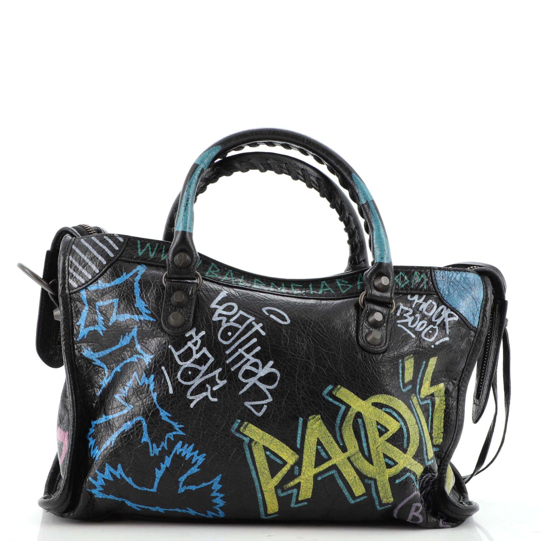 Black Balenciaga City Graffiti Classic Studs Bag Leather Small