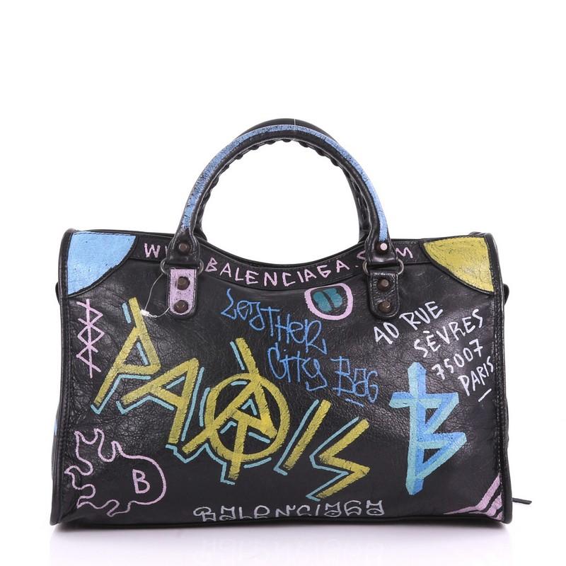 Black Balenciaga City Graffiti Classic Studs Handbag Leather Medium