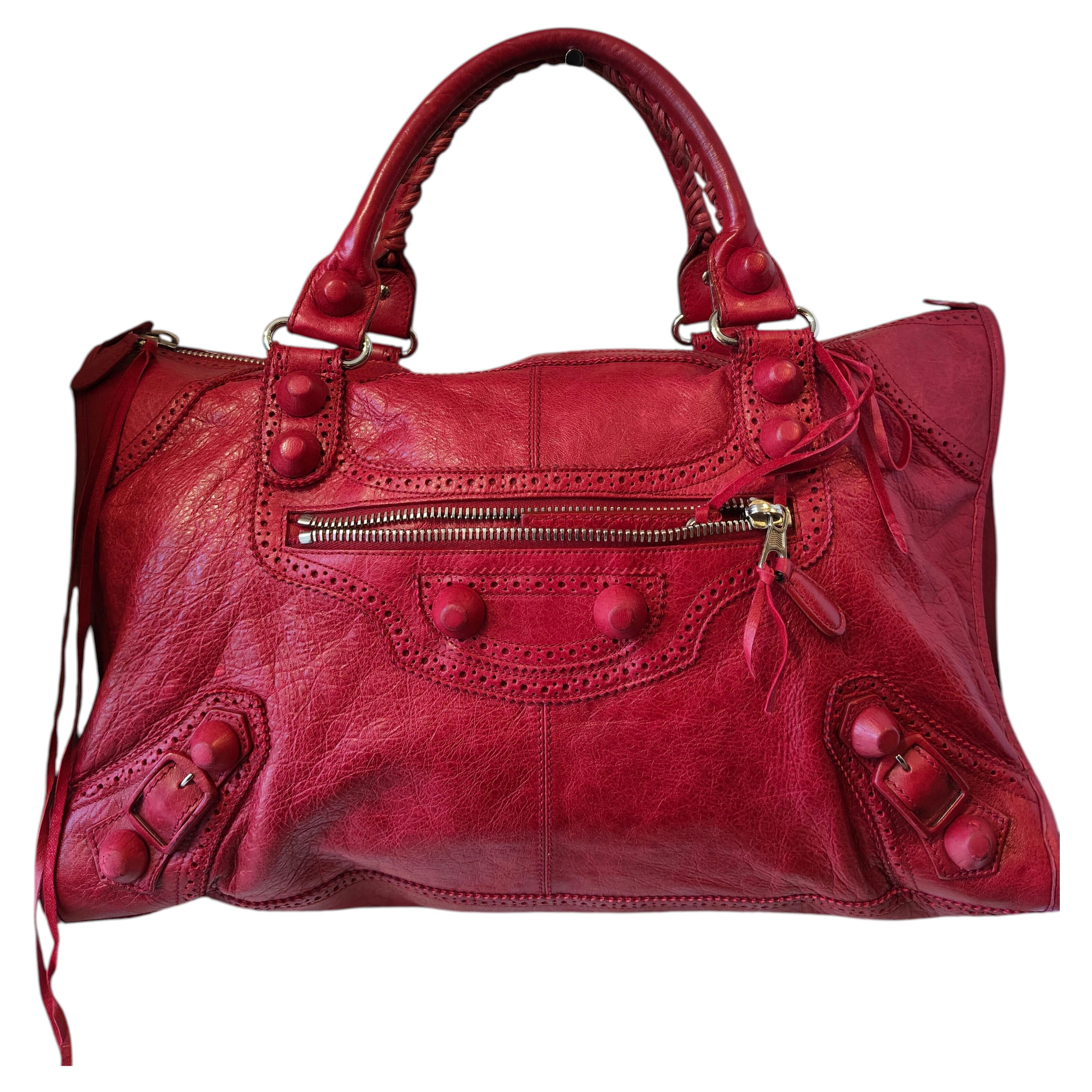Sac Balenciaga Vintage City à poignées rouges et finitions argentées en vente