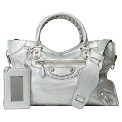 Balenciaga Classic City Medium handbag strap in metallic silver leather, SHW