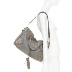 BALENCIAGA Classic Metallic Edge City grey leather gold trim motorcycle bag