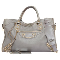 BALENCIAGA Classic Metallic Edge City grey leather gold trim motorcycle bag