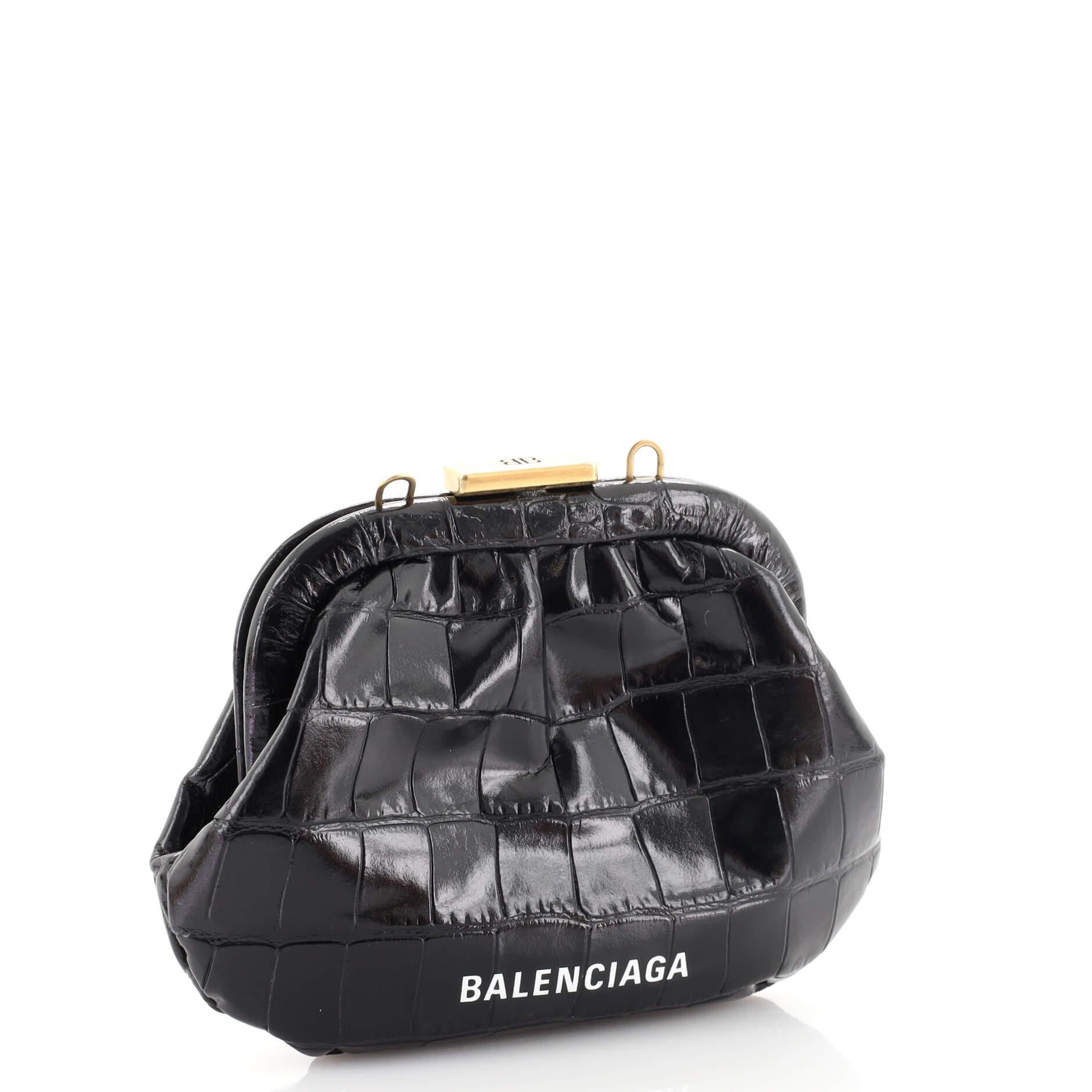 Balenciaga Cloud Coin Purse with Strap Crocodile Embossed Leather In Good Condition In NY, NY