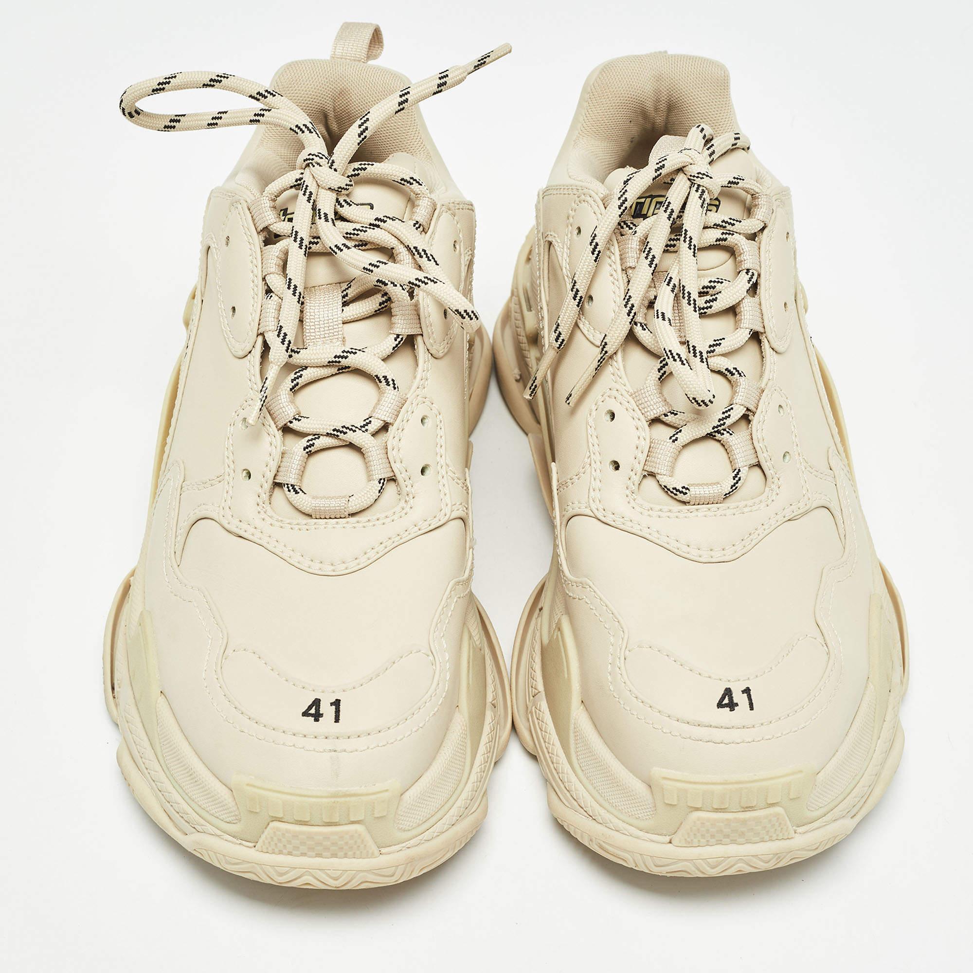 Beige Balenciaga Cream Faux Leather Triple S Sneakers Size 41
