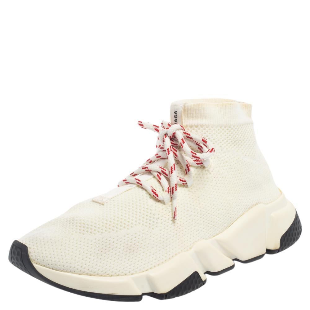Balenciaga Cream Knit Fabric Speed Trainer Lace Up High Top Sneakers Size  39 at 1stDibs