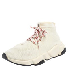 Balenciaga Cream Knit Fabric Speed Trainer Lace Up High Top Sneakers Size 39