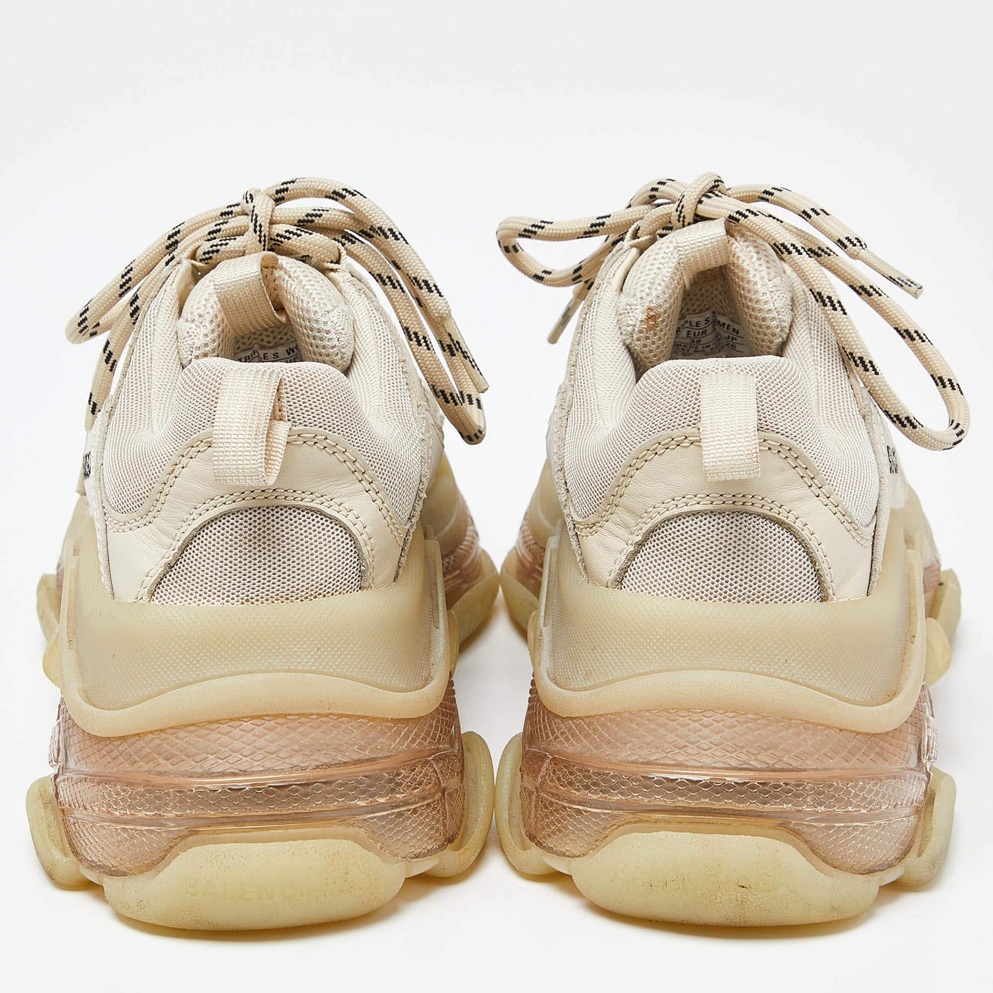 Balenciaga Cream Leather and Mesh Triple S Clear Sole Sneakers Size 39 For Sale 2