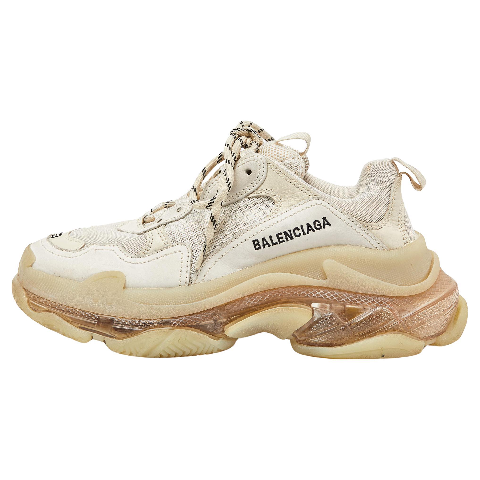Balenciaga Cream Leather and Mesh Triple S Clear Sole Sneakers Size 39 For Sale