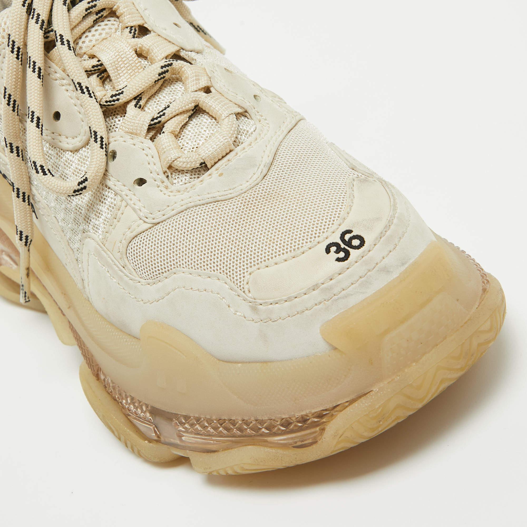 Balenciaga Cream Mesh and Faux Leather Triple S Clear Sole Sneakers Size 36 2