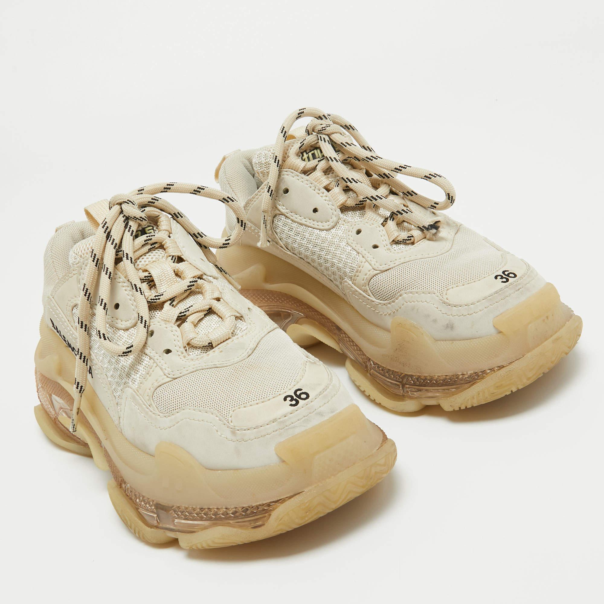 Balenciaga Cream Mesh and Faux Leather Triple S Clear Sole Sneakers Size 36 3