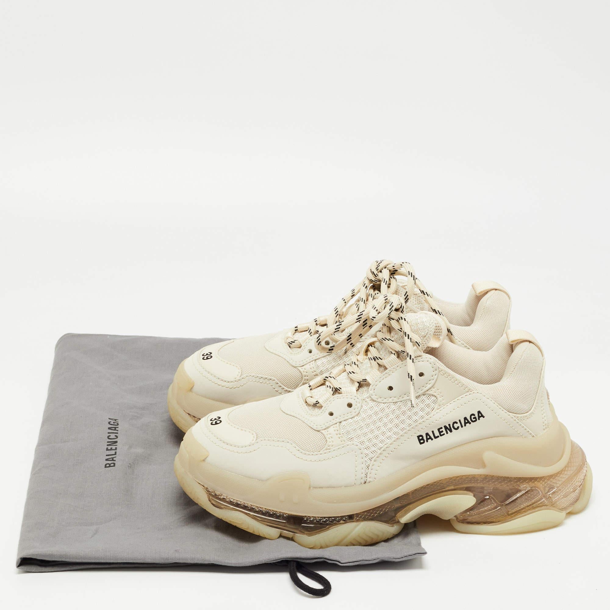 Women's Balenciaga Cream Nubuck Leather and Mesh Triple S Clear Sneakers Size 39