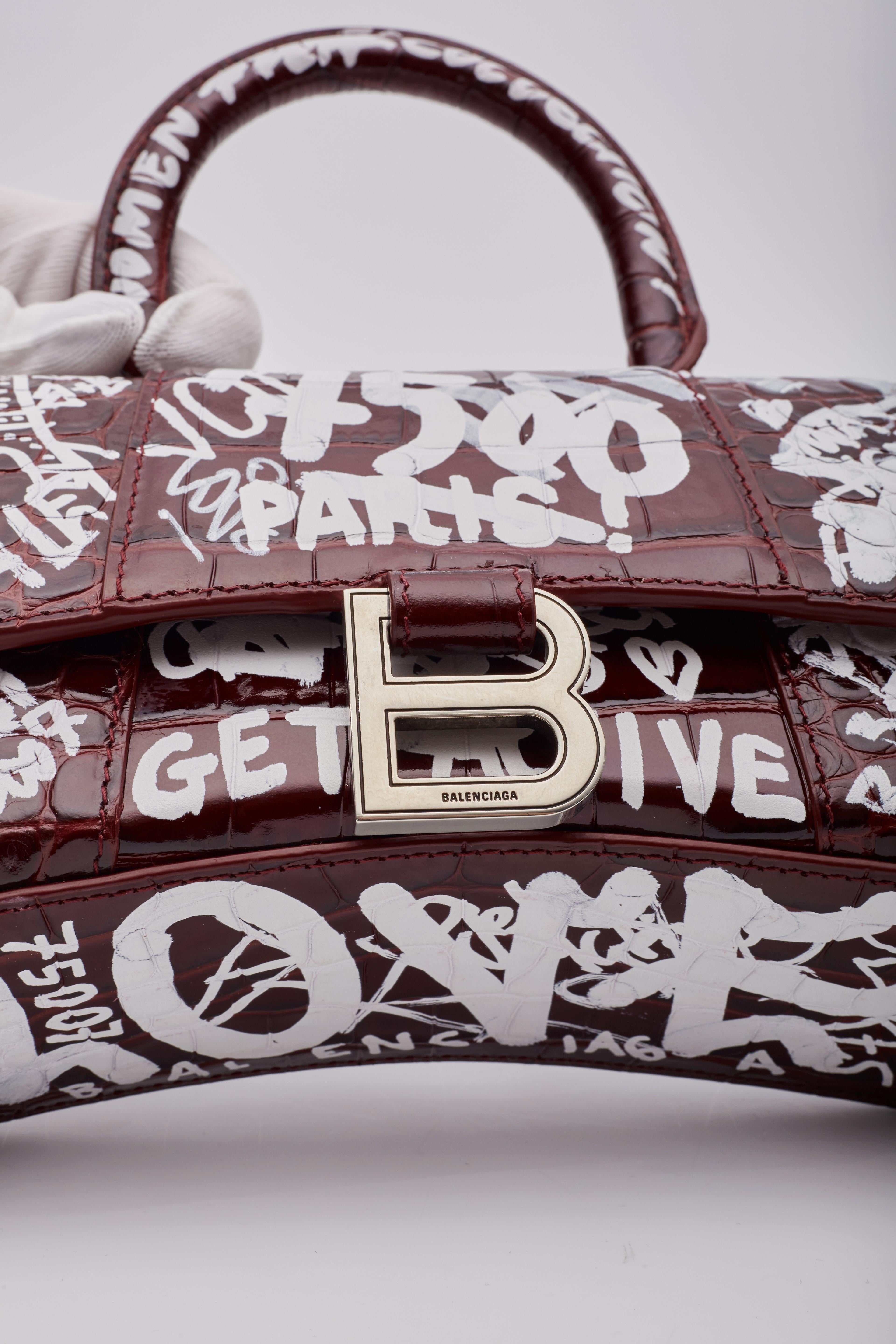 Balenciaga Croc Embossed Grafitti Hourglass Bordeaux Handbag XS For Sale 6