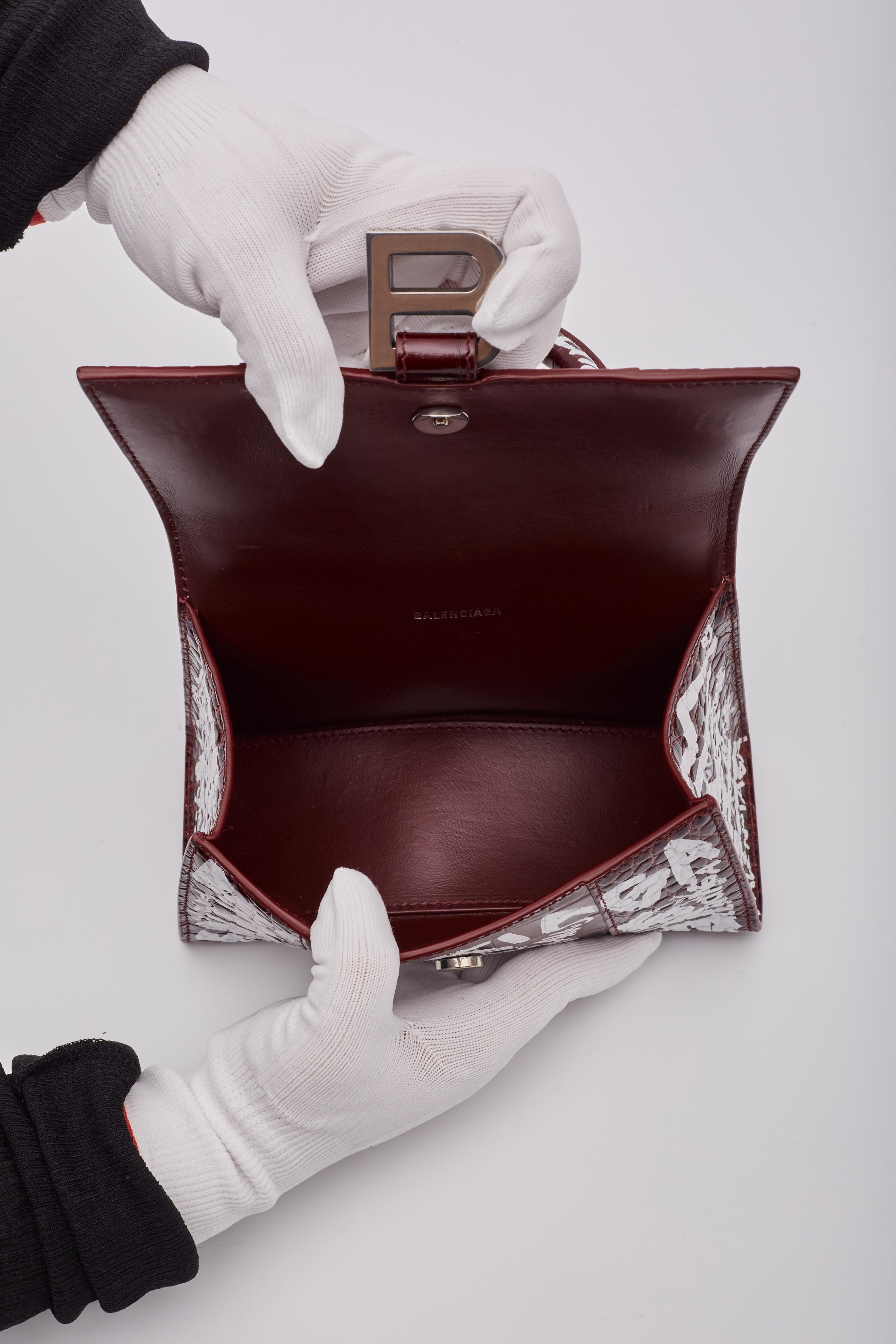 Balenciaga Croc Embossed Grafitti Hourglass Bordeaux Handbag XS For Sale 9