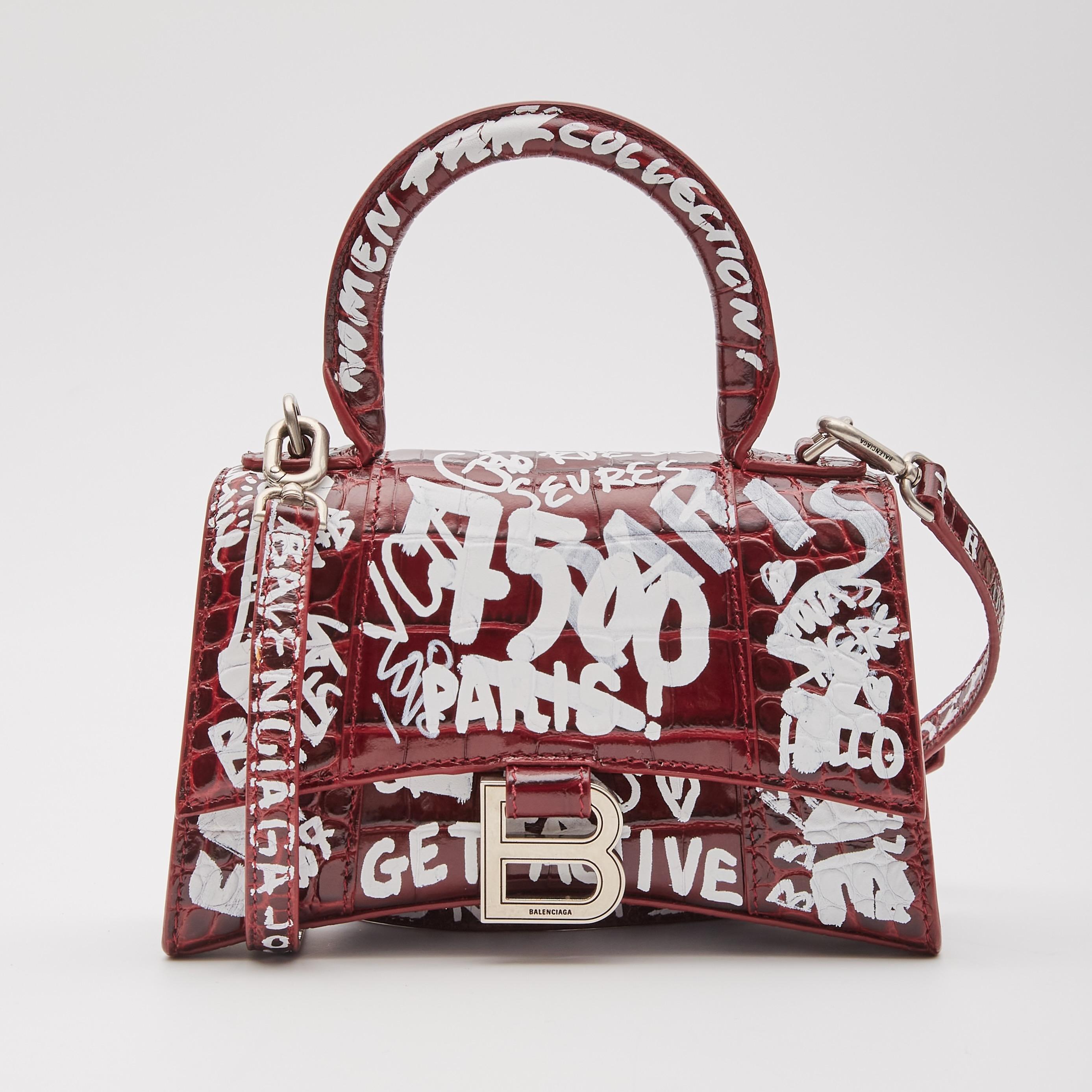 Balenciaga Croc Embossed Grafitti Hourglass Bordeaux Handbag XS For Sale 11