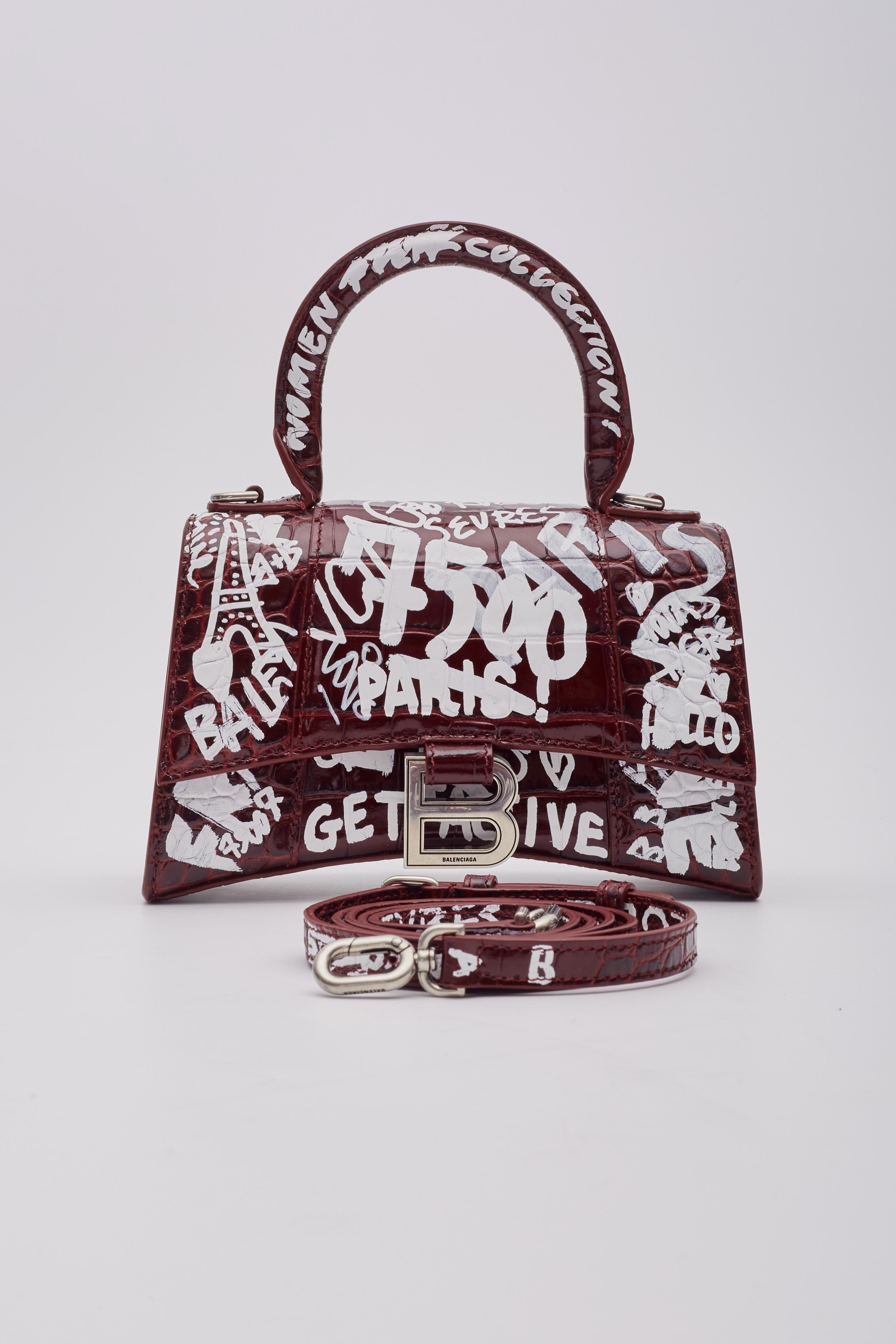 Balenciaga Croc Embossed Grafitti Hourglass Bordeaux Handbag XS For Sale 12