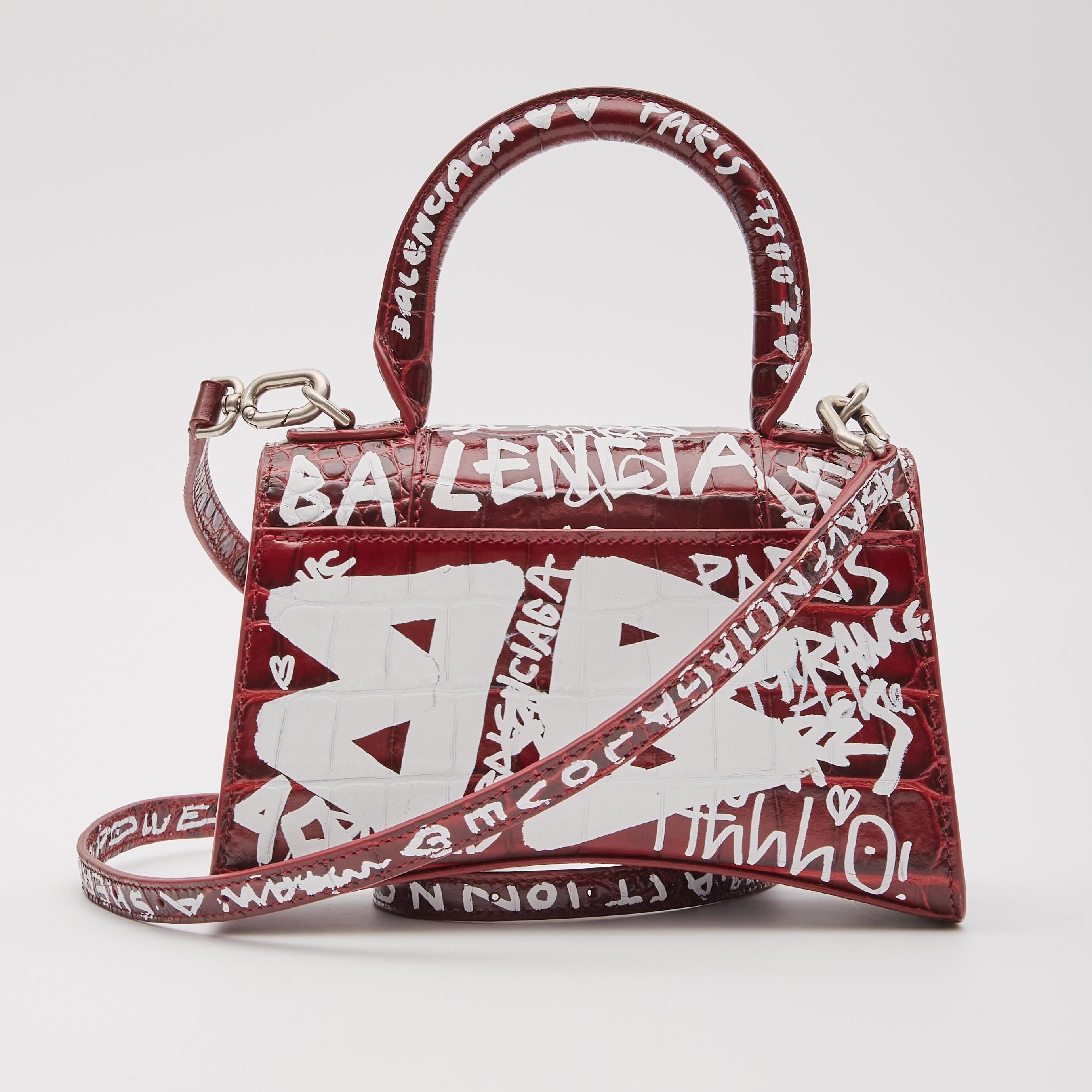 Women's or Men's Balenciaga Croc Embossed Grafitti Hourglass Bordeaux Handbag XS For Sale