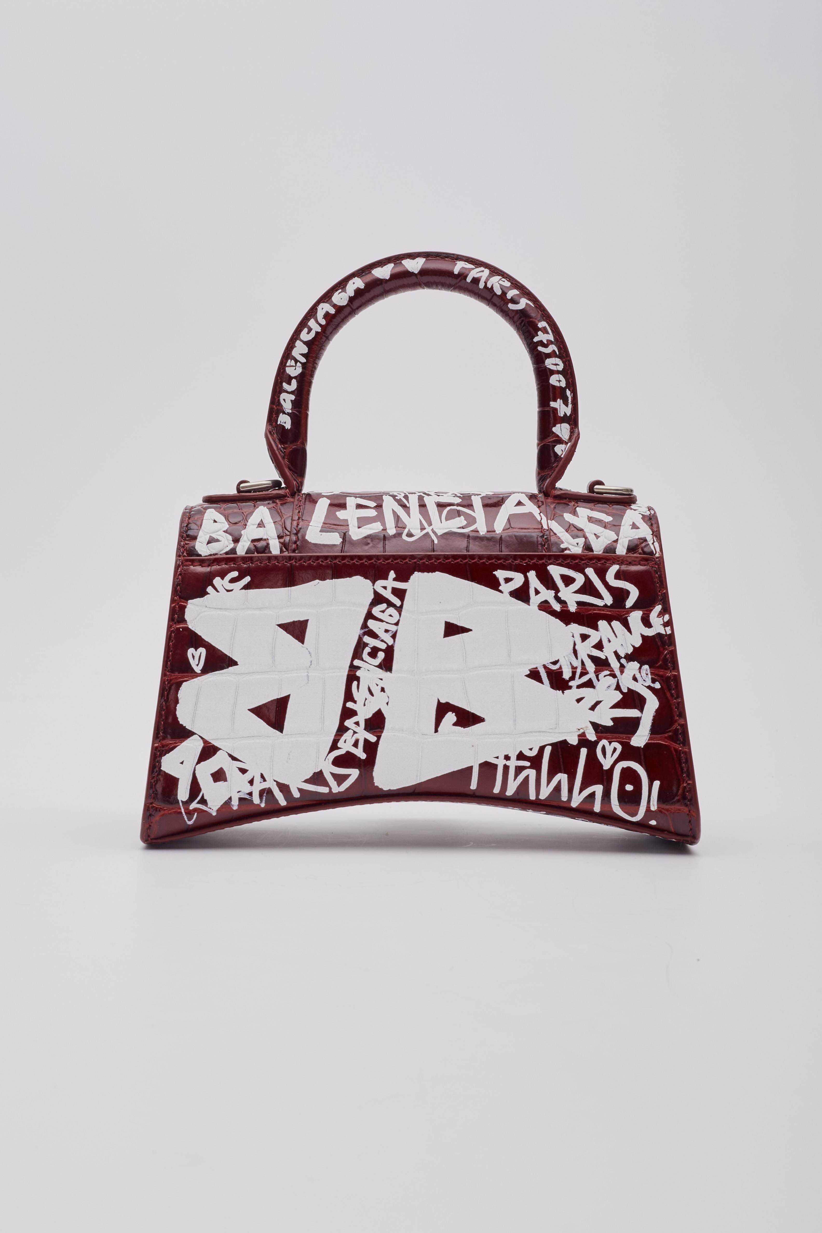 Balenciaga Croc Embossed Grafitti Hourglass Bordeaux Handbag XS For Sale 2