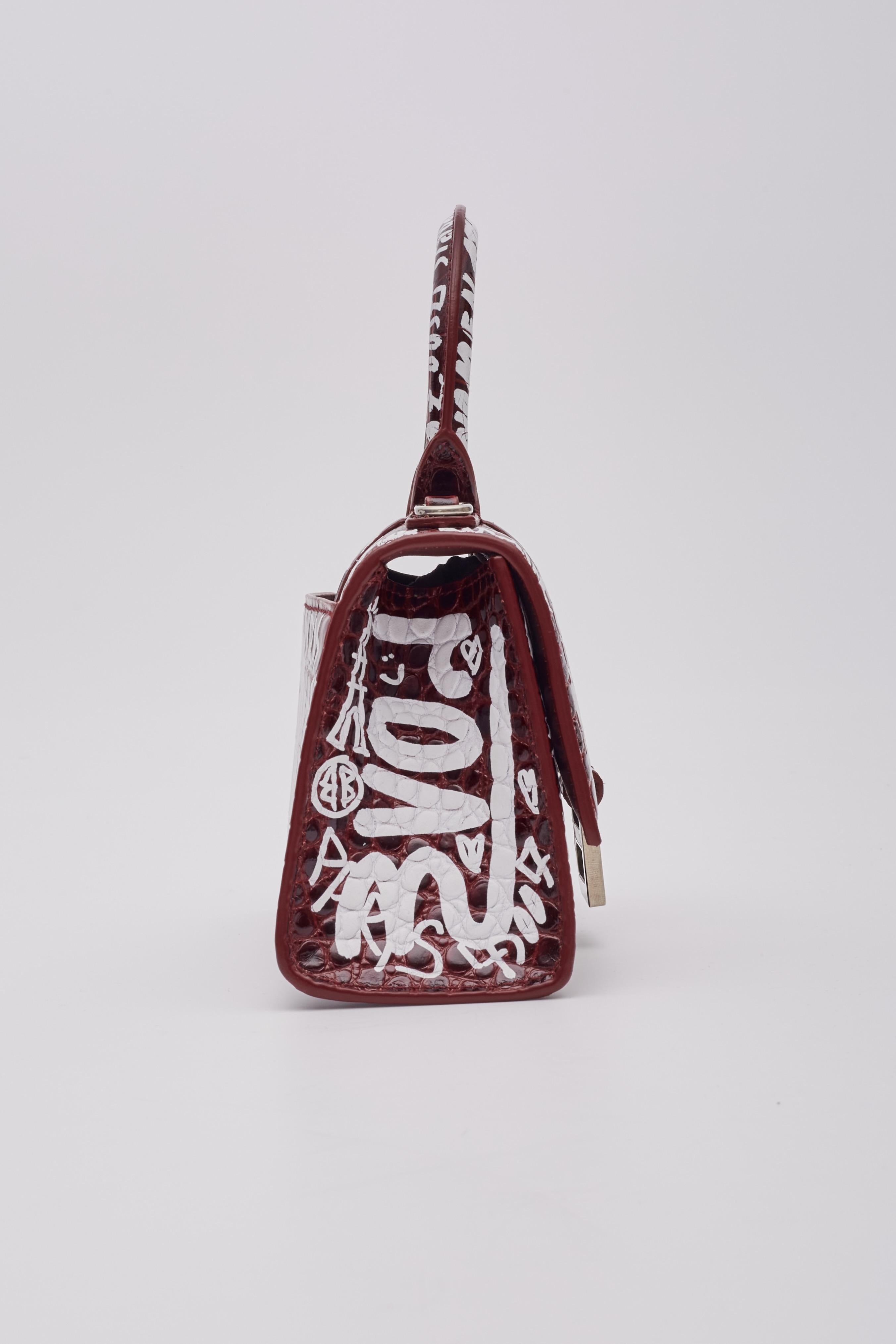 Balenciaga Croc Embossed Grafitti Hourglass Bordeaux Handbag XS For Sale 3