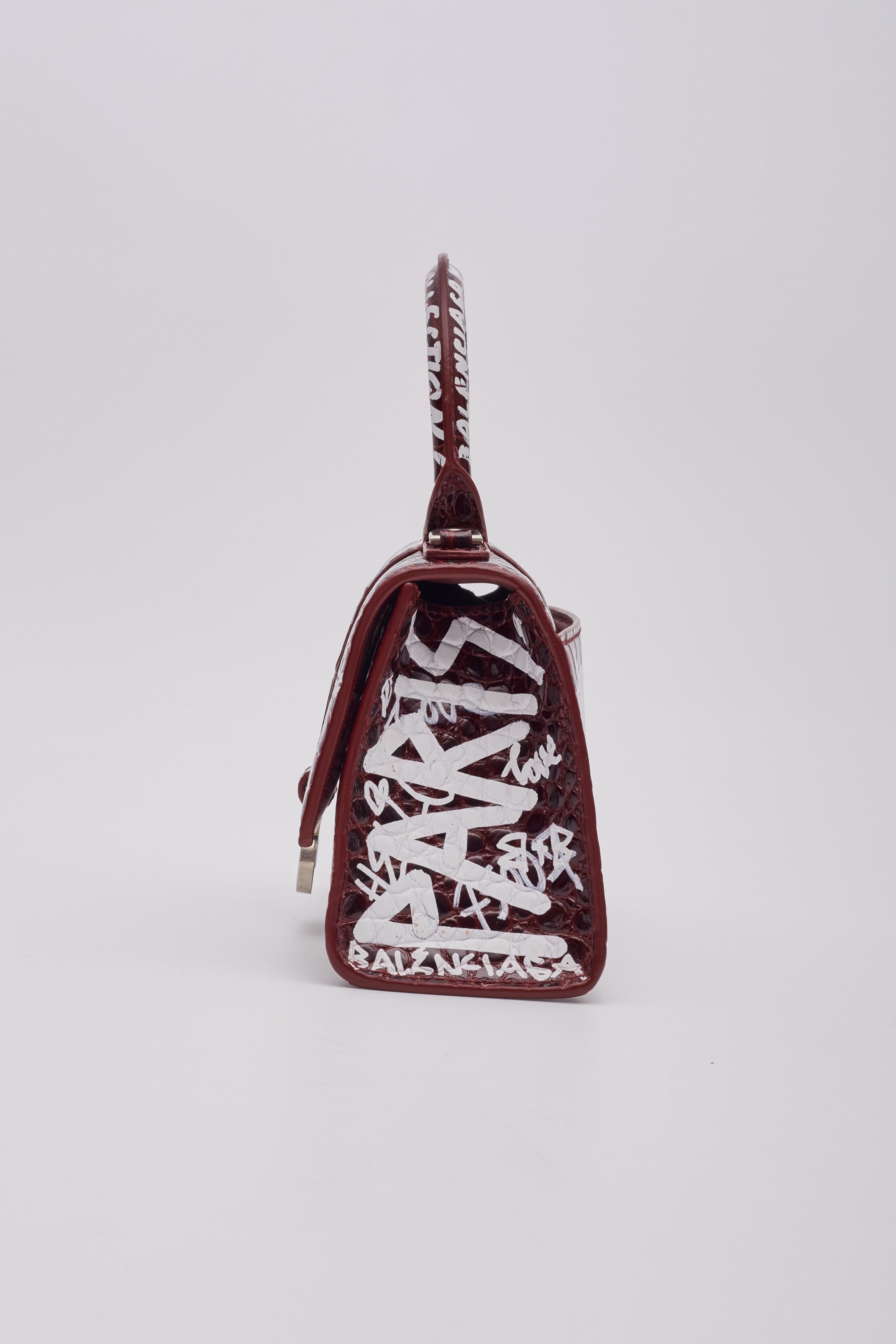 Balenciaga Croc Embossed Grafitti Hourglass Bordeaux Handbag XS For Sale 4