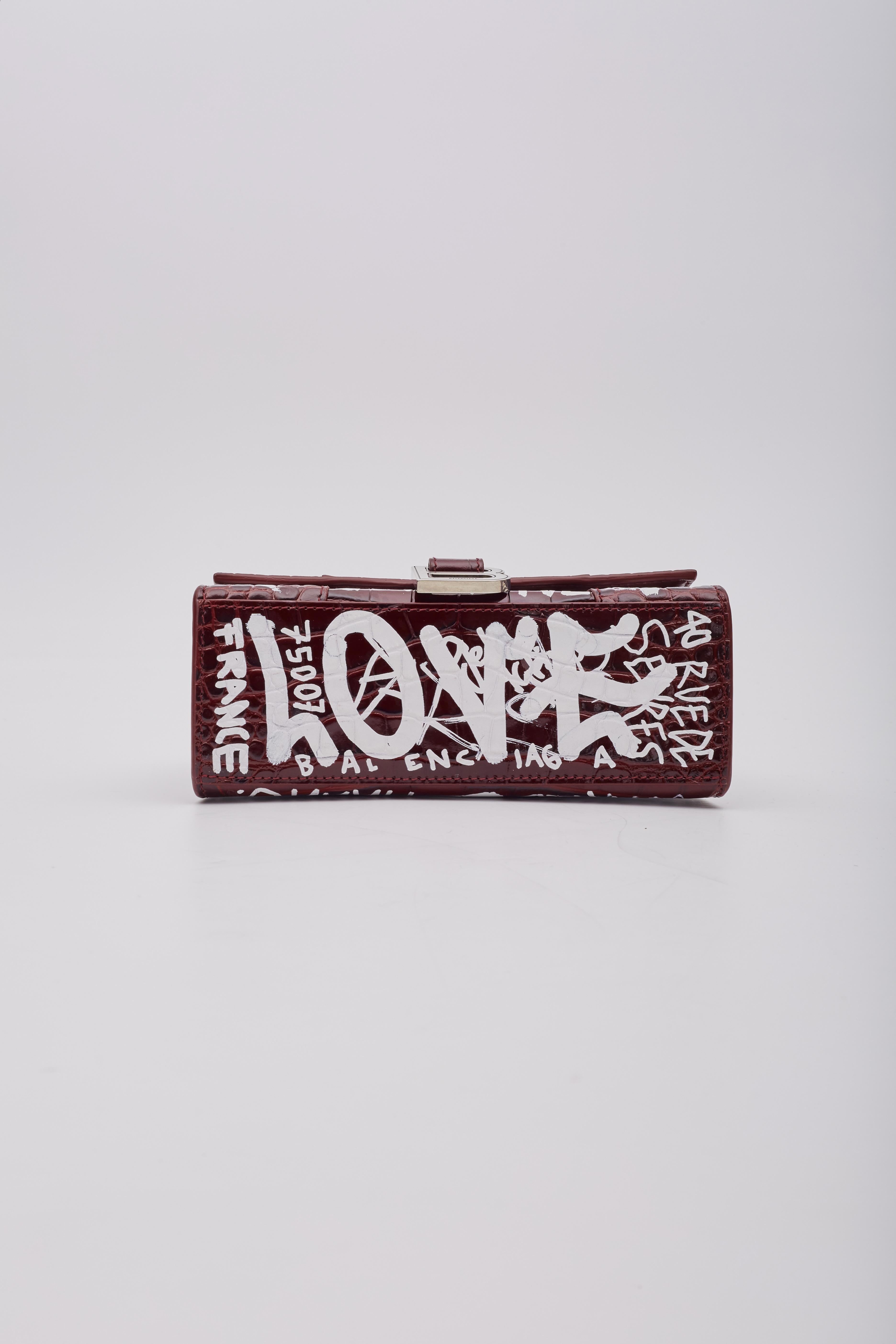 Balenciaga Croc Embossed Grafitti Hourglass Bordeaux Handbag XS For Sale 5