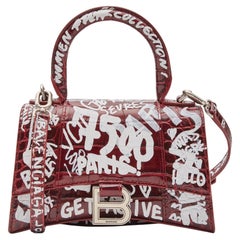 Balenciaga Croc Embossed Grafitti Hourglass Bordeaux Handbag XS