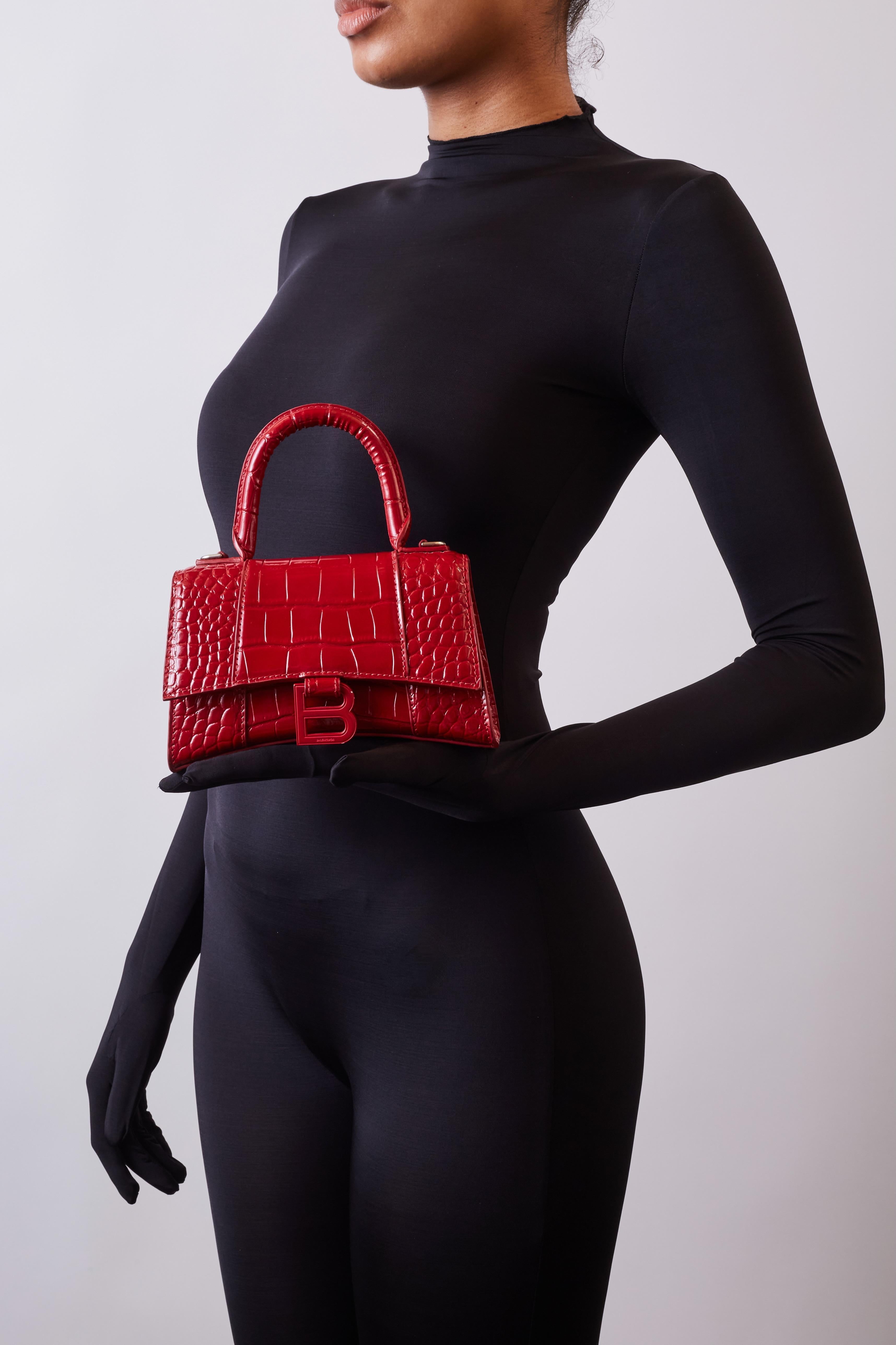 Balenciaga Croc-embossed Leather Red Hourglass Bag Extra Small In Good Condition For Sale In Montreal, Quebec