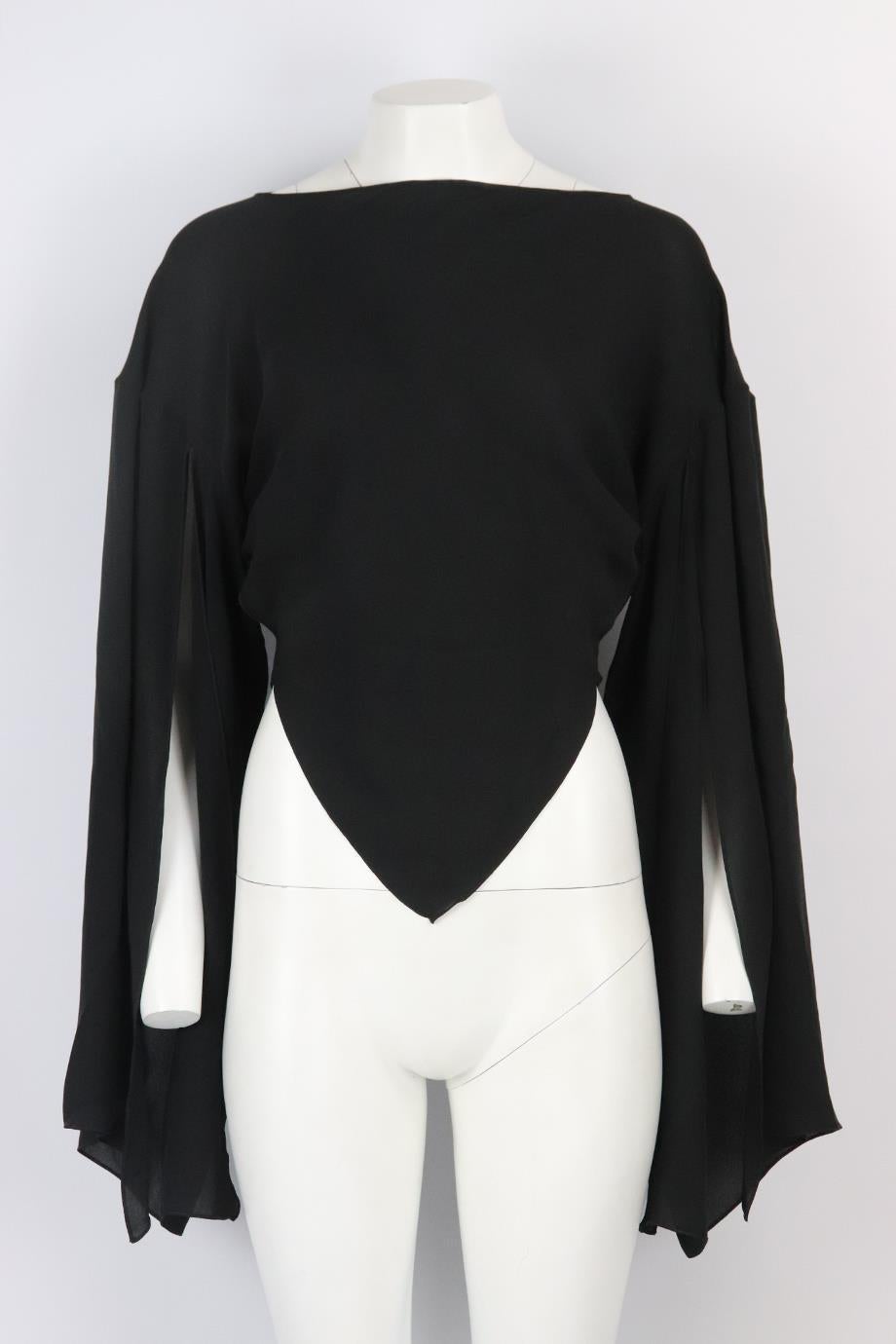 Balenciaga cropped silk top. Black. Long sleeve, boat neck. Slips on. 100% Silk. Size: FR 34 (UK 6, US 2, IT 38). Bust: 51 in. Waist: 32 in. Length: 22 in. 
