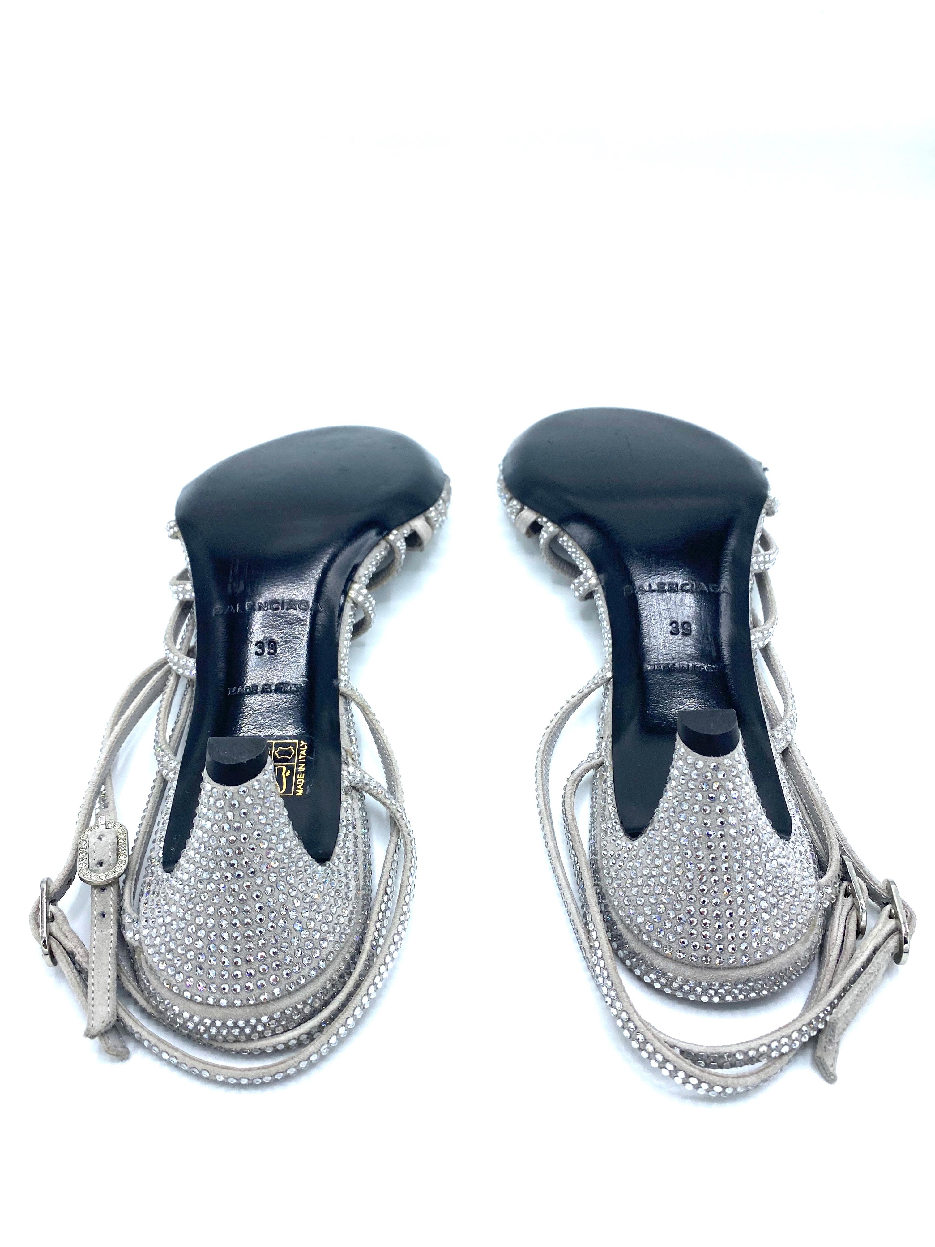 Balenciaga Crystal Embellished Grey Suede Strappy Heels Sandals Size 39  2