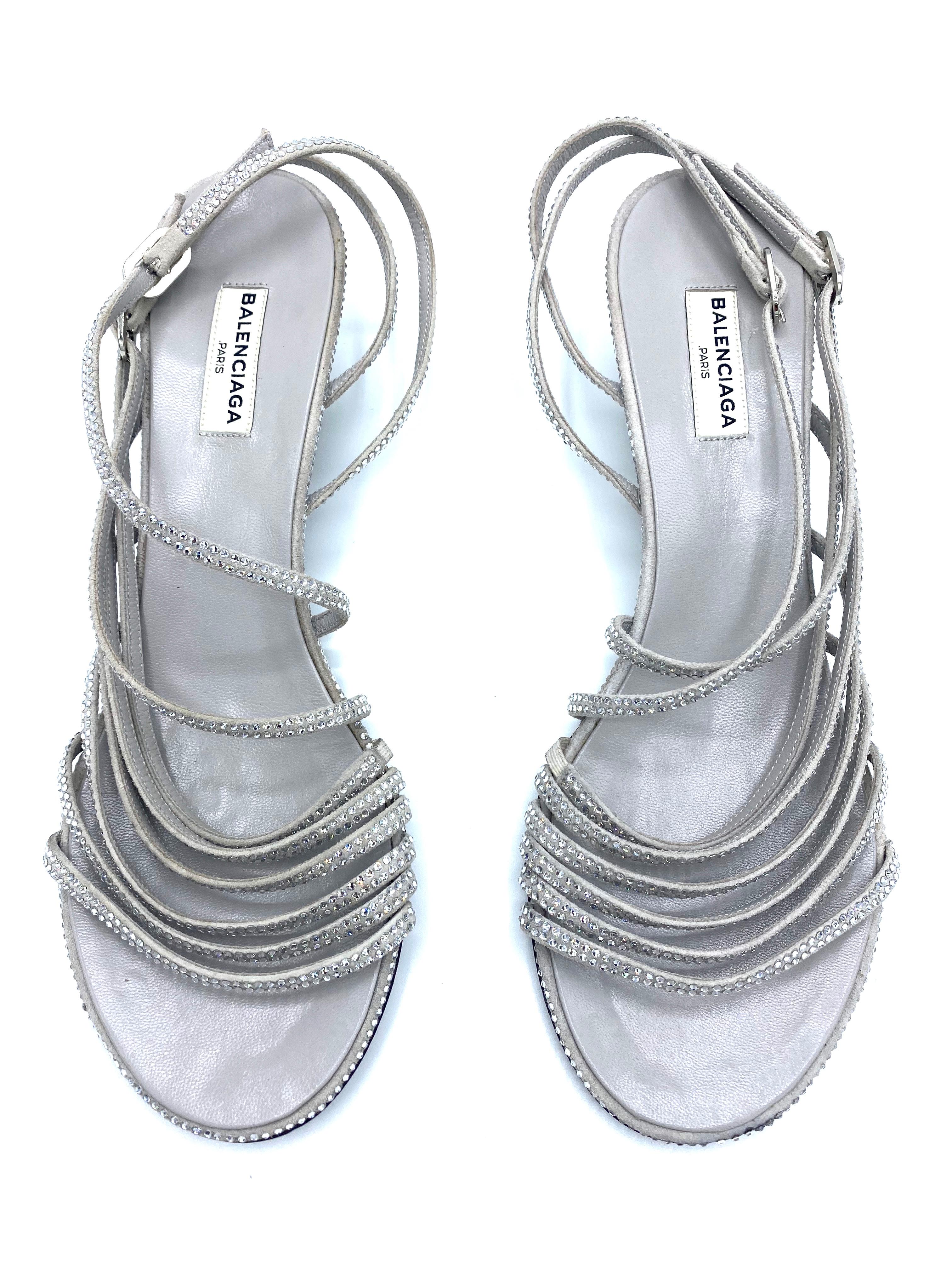Balenciaga Crystal Embellished Grey Suede Strappy Heels Sandals Size 39  4