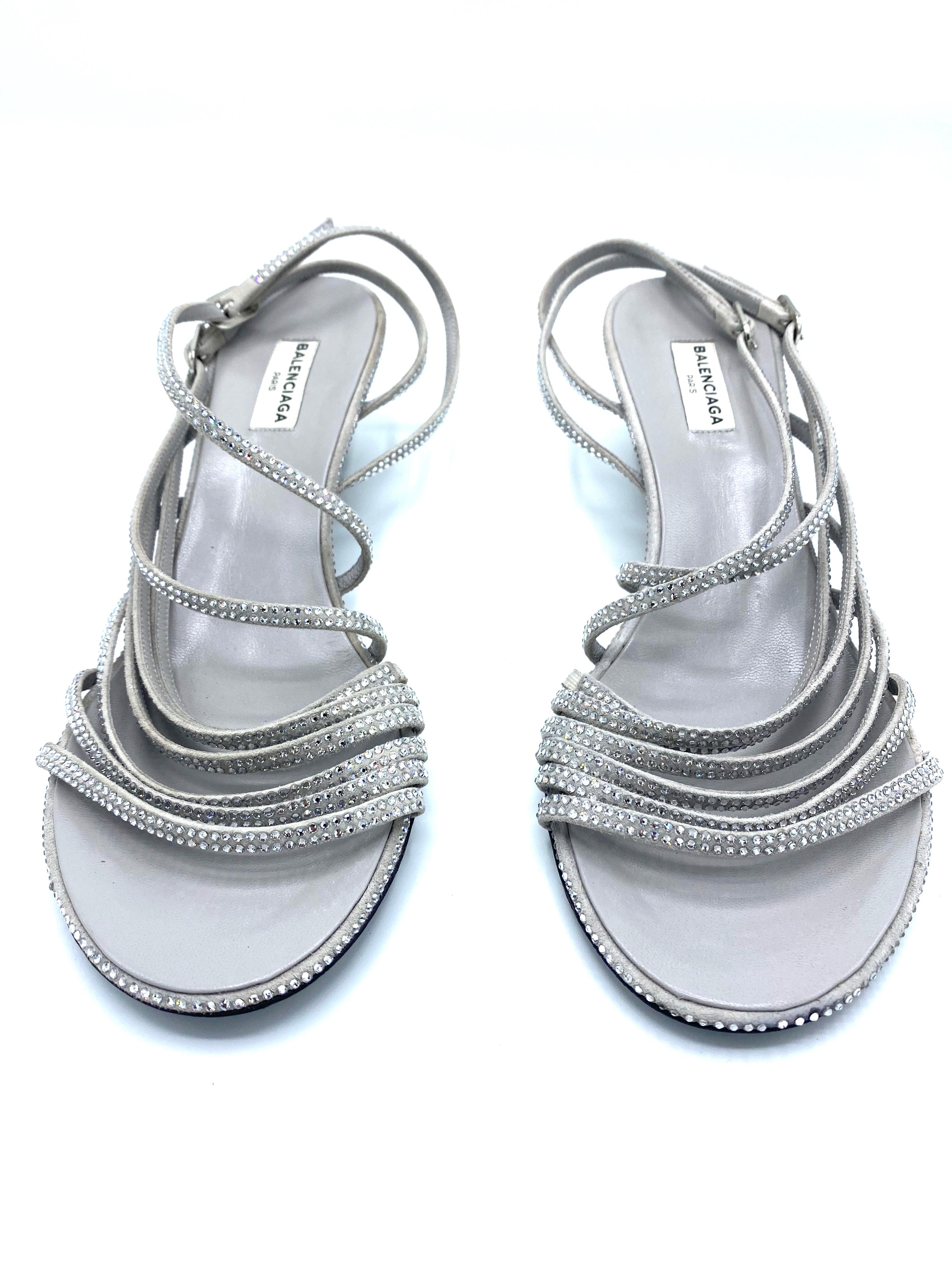 Balenciaga Crystal Embellished Grey Suede Strappy Heels Sandals Size 39  5