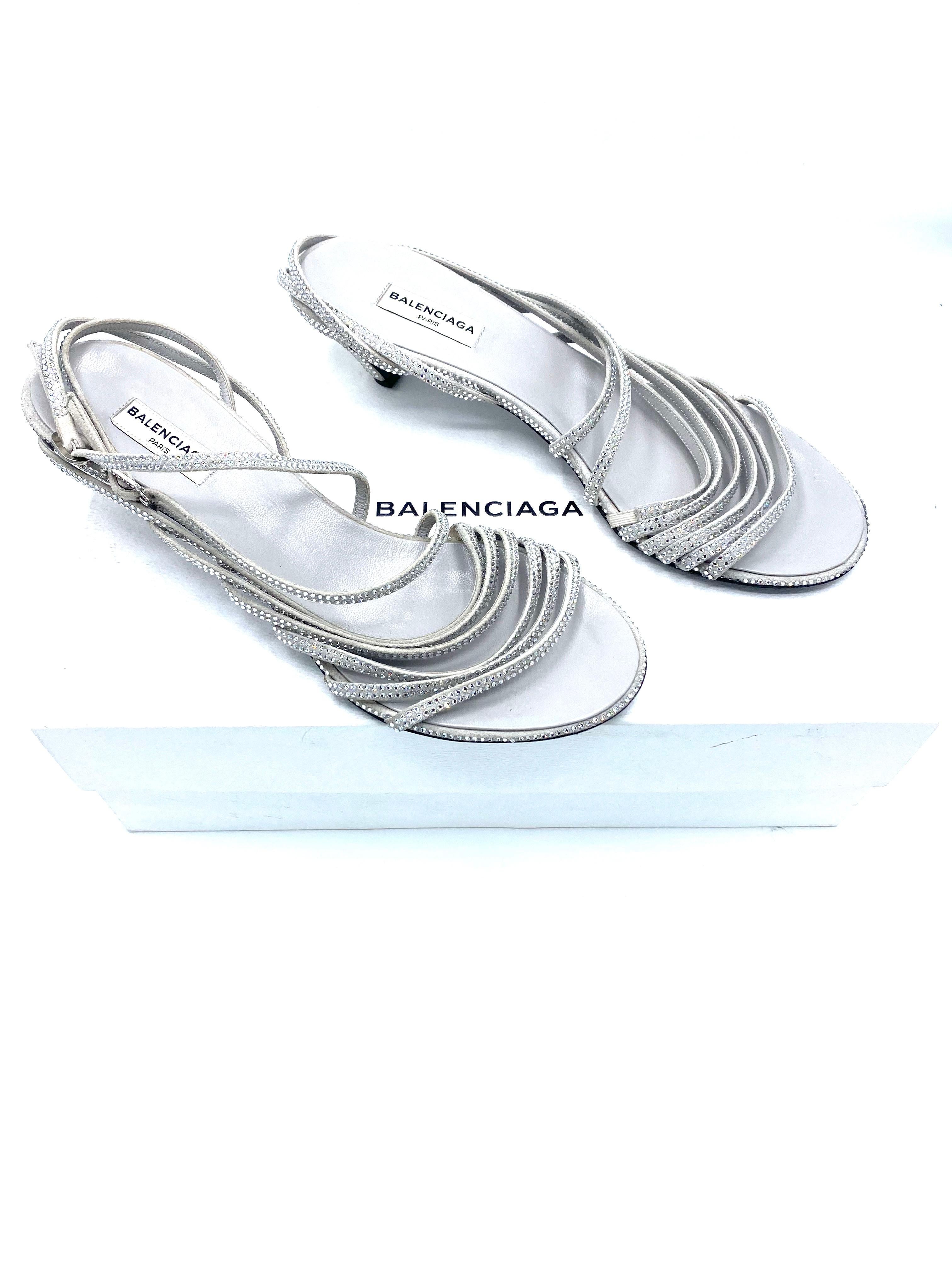 Balenciaga Crystal Embellished Grey Suede Strappy Heels Sandals Size 39  7