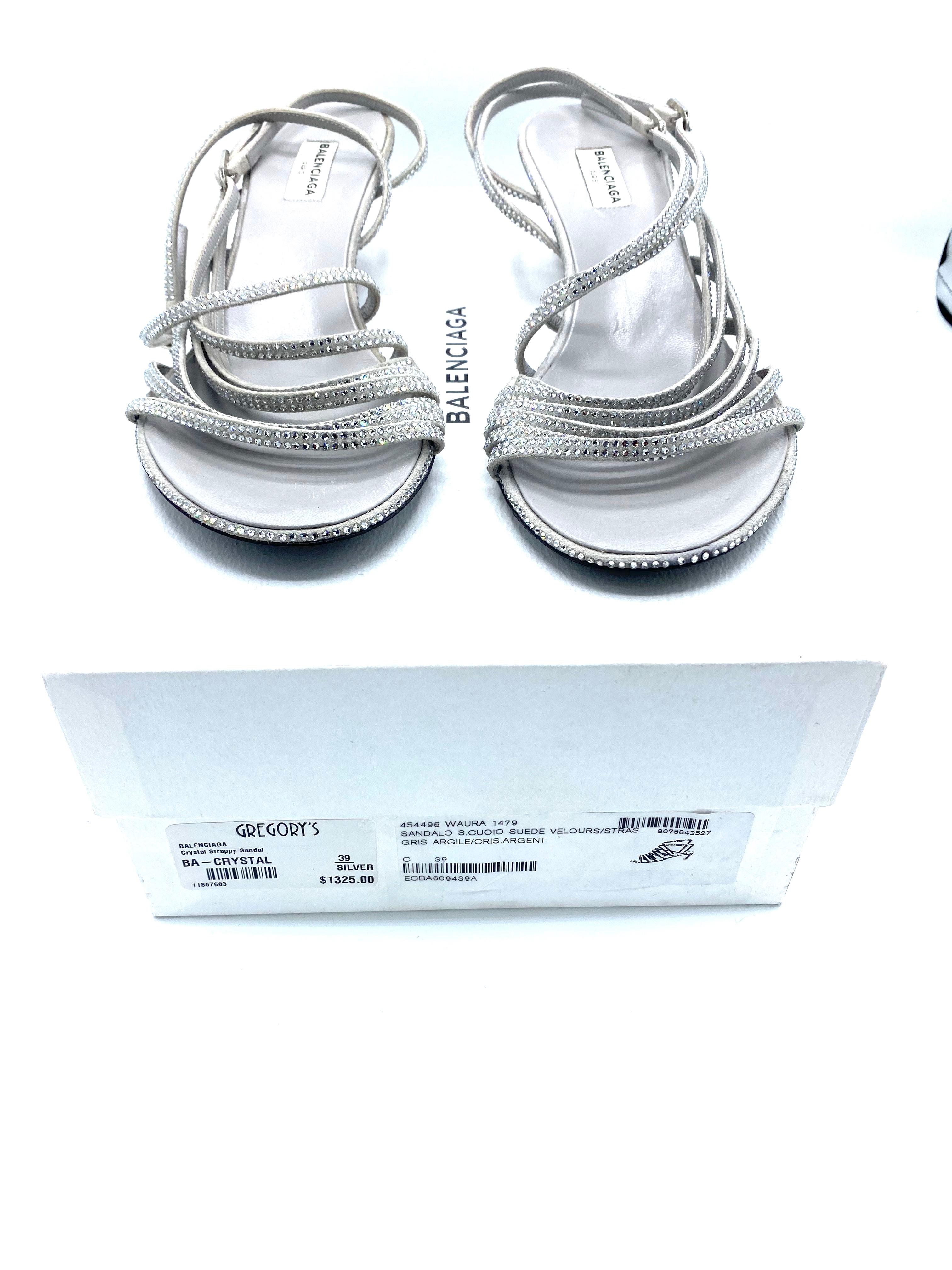 Balenciaga Crystal Embellished Grey Suede Strappy Heels Sandals Size 39  9