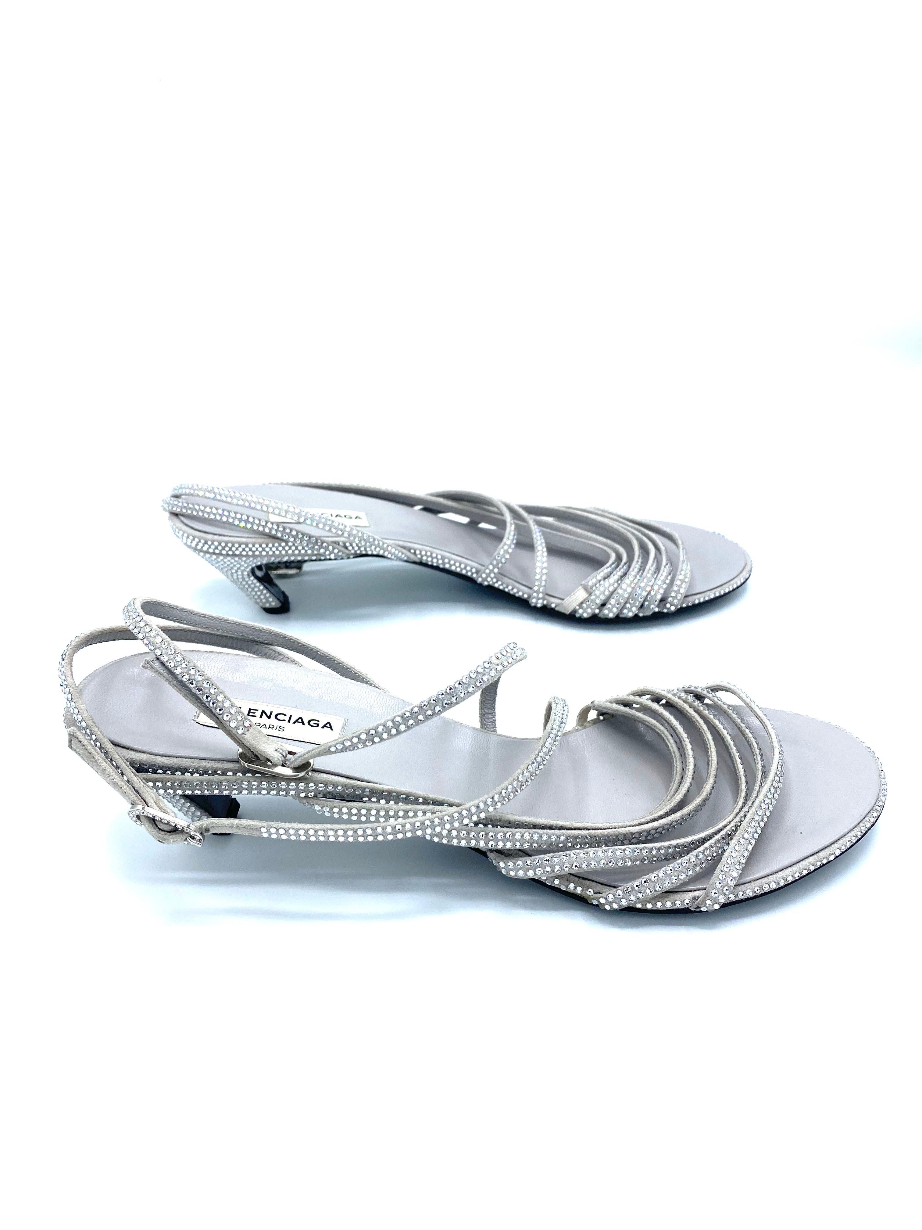 Gray Balenciaga Crystal Embellished Grey Suede Strappy Heels Sandals Size 39 