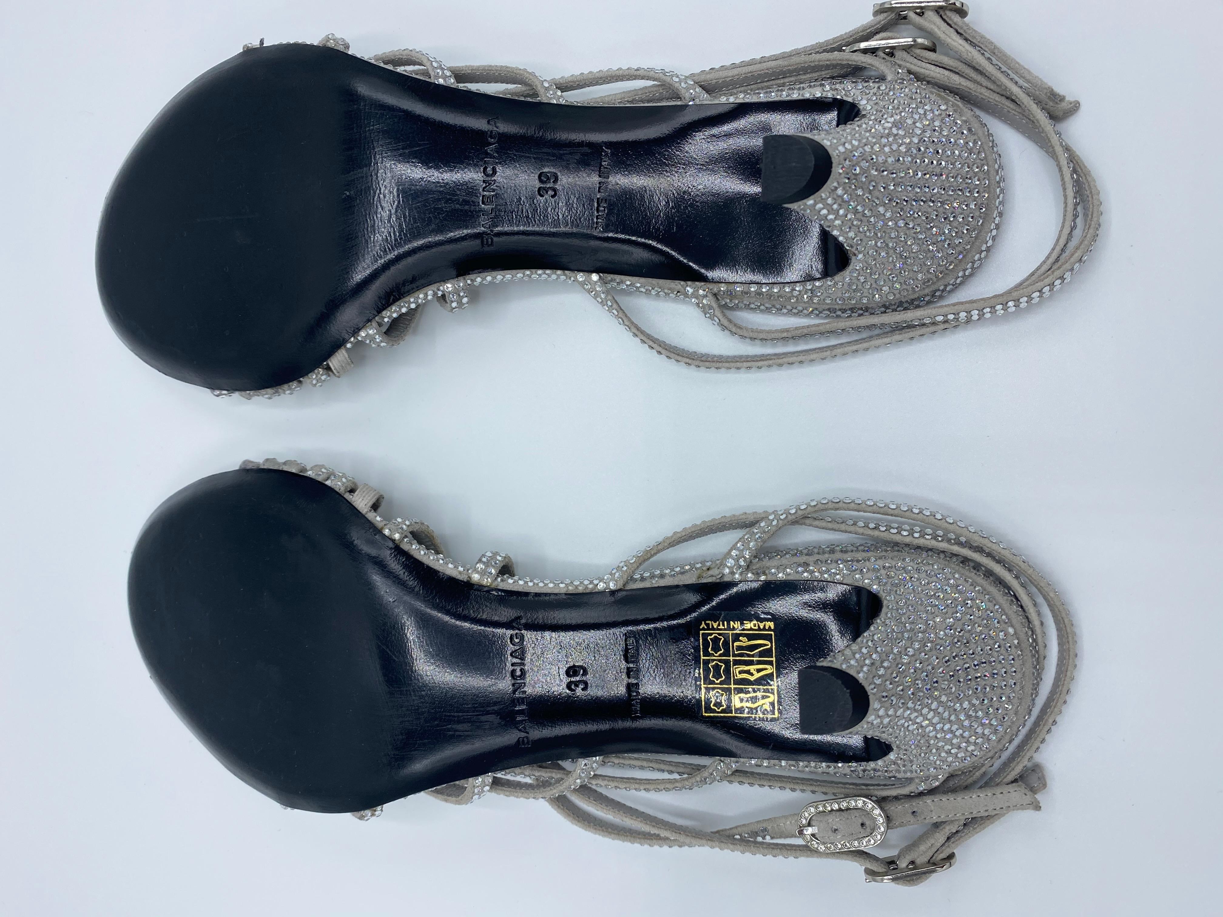 Balenciaga Crystal Embellished Grey Suede Strappy Heels Sandals Size 39  1