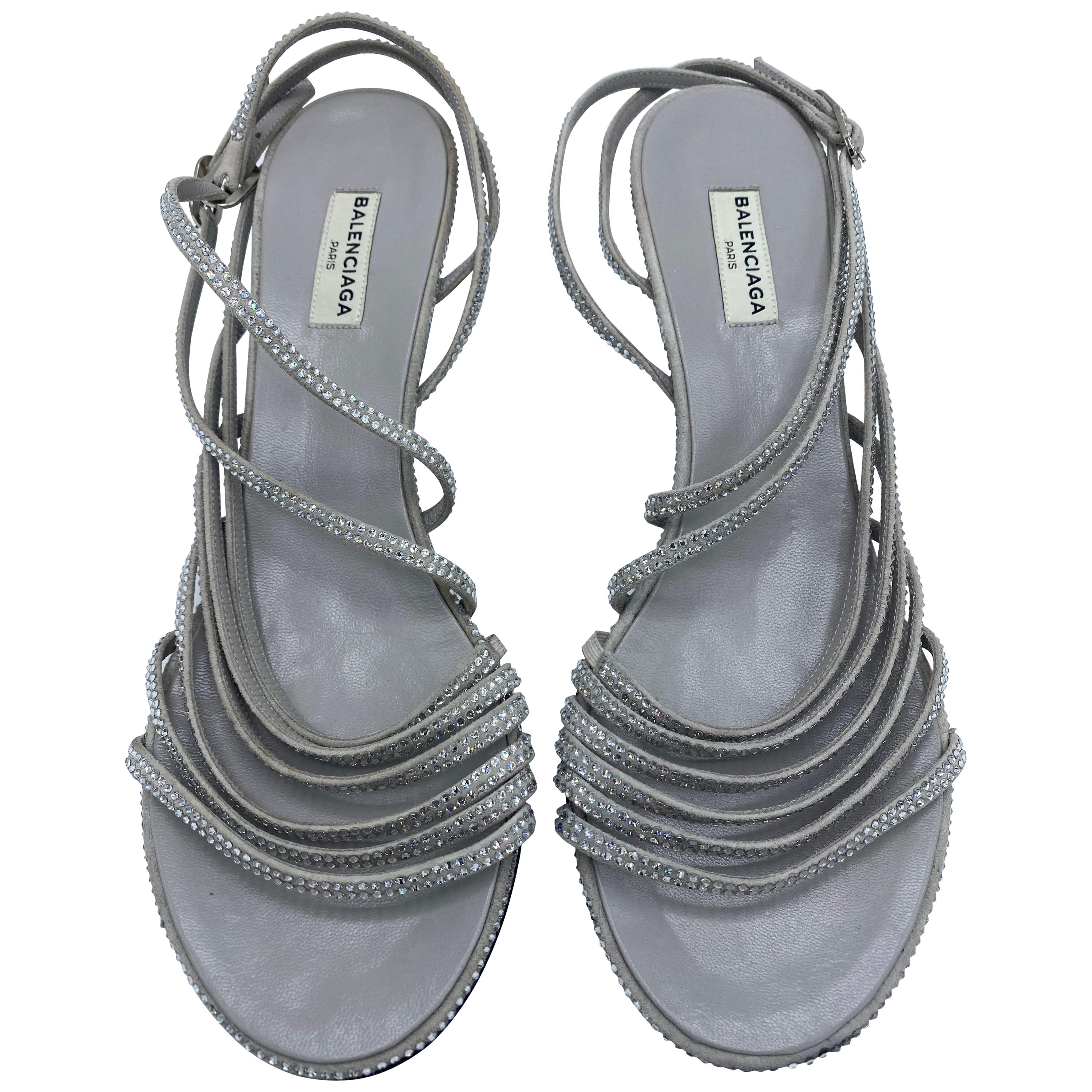 Balenciaga Crystal Embellished Grey Suede Strappy Heels Sandals Size 39 