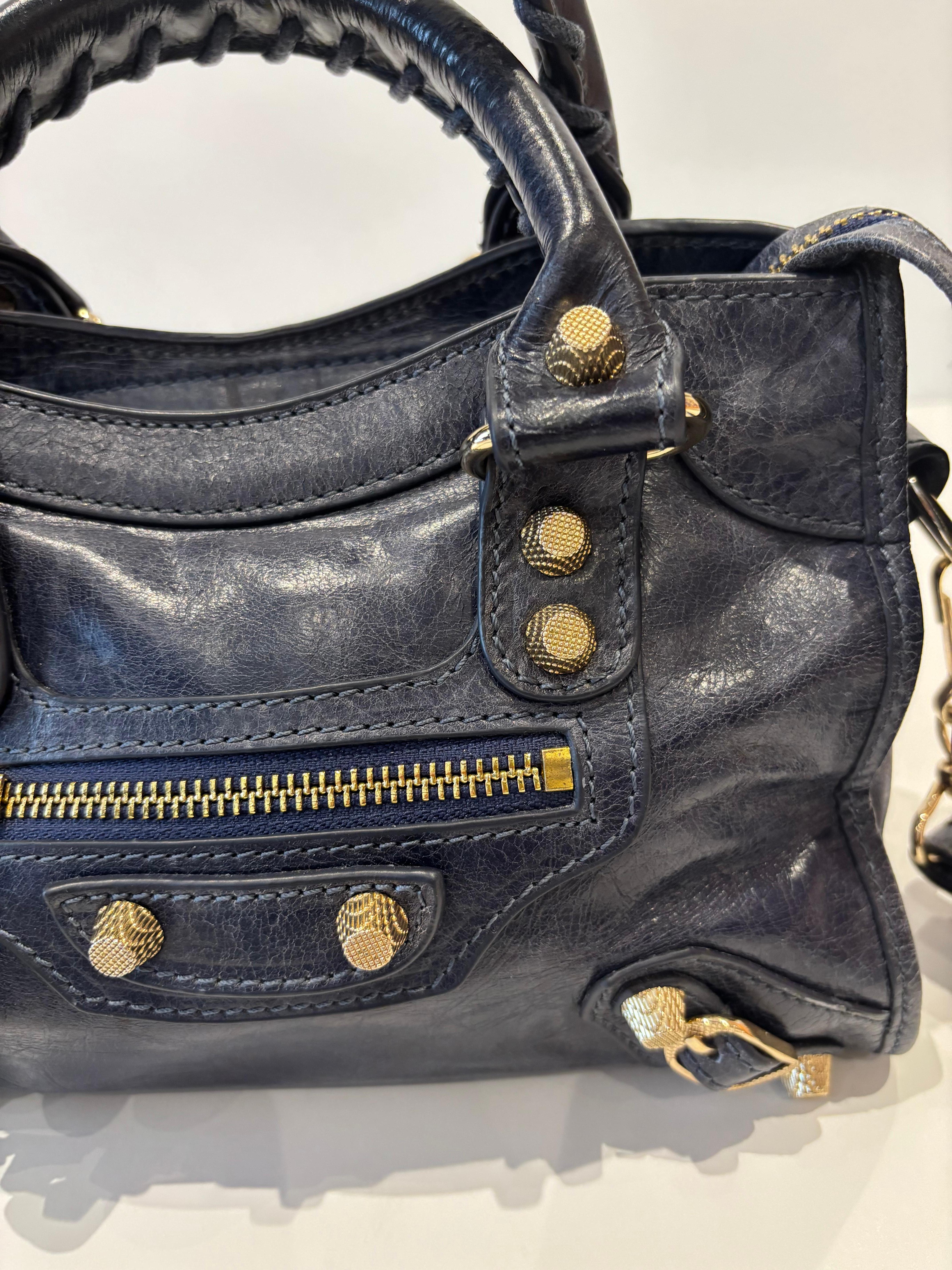 Black Balenciaga Dark Blue Aged Lambskin Classic Small City Bag w/Mirror For Sale