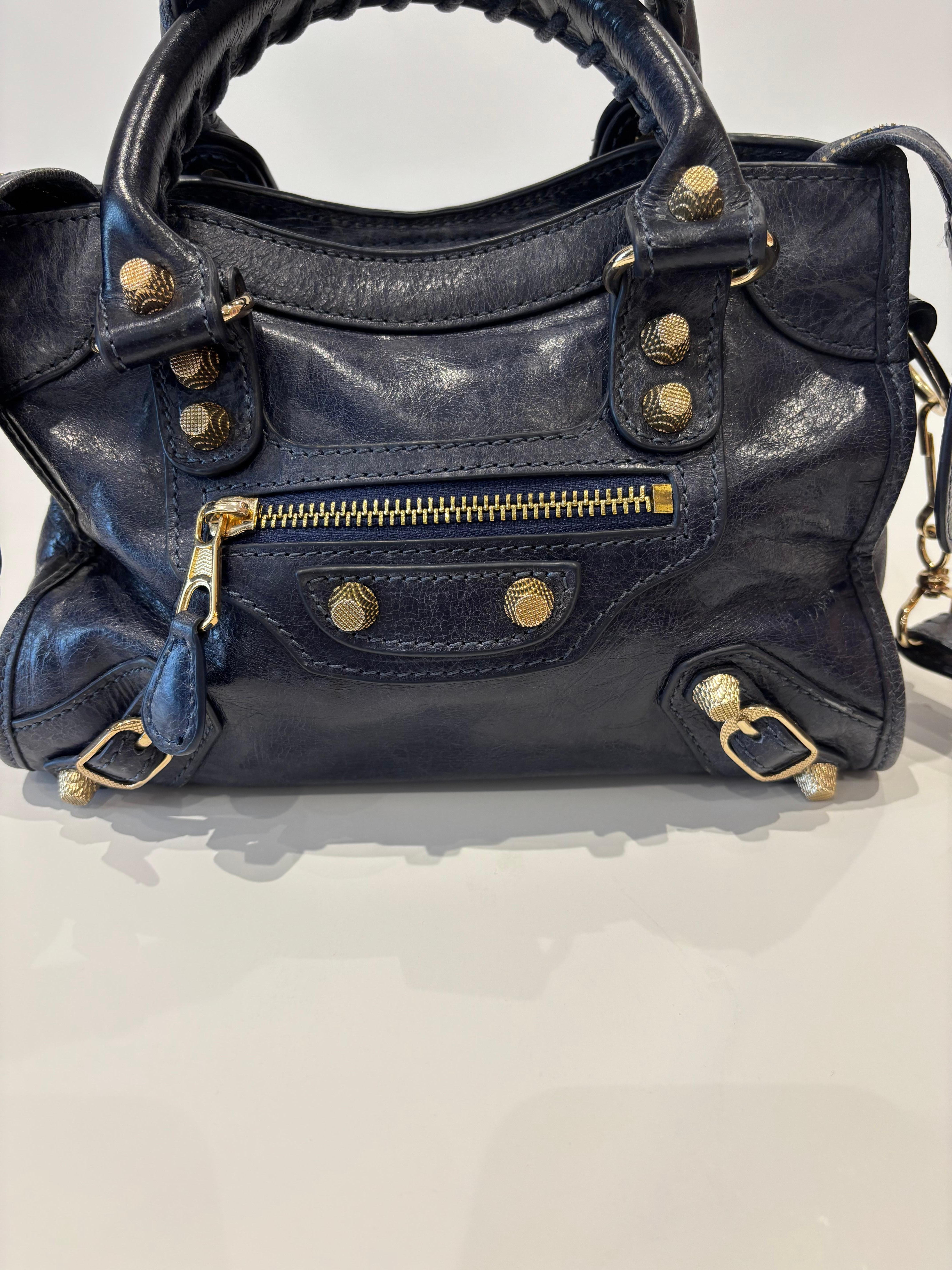 Women's Balenciaga Dark Blue Aged Lambskin Classic Small City Bag w/Mirror For Sale