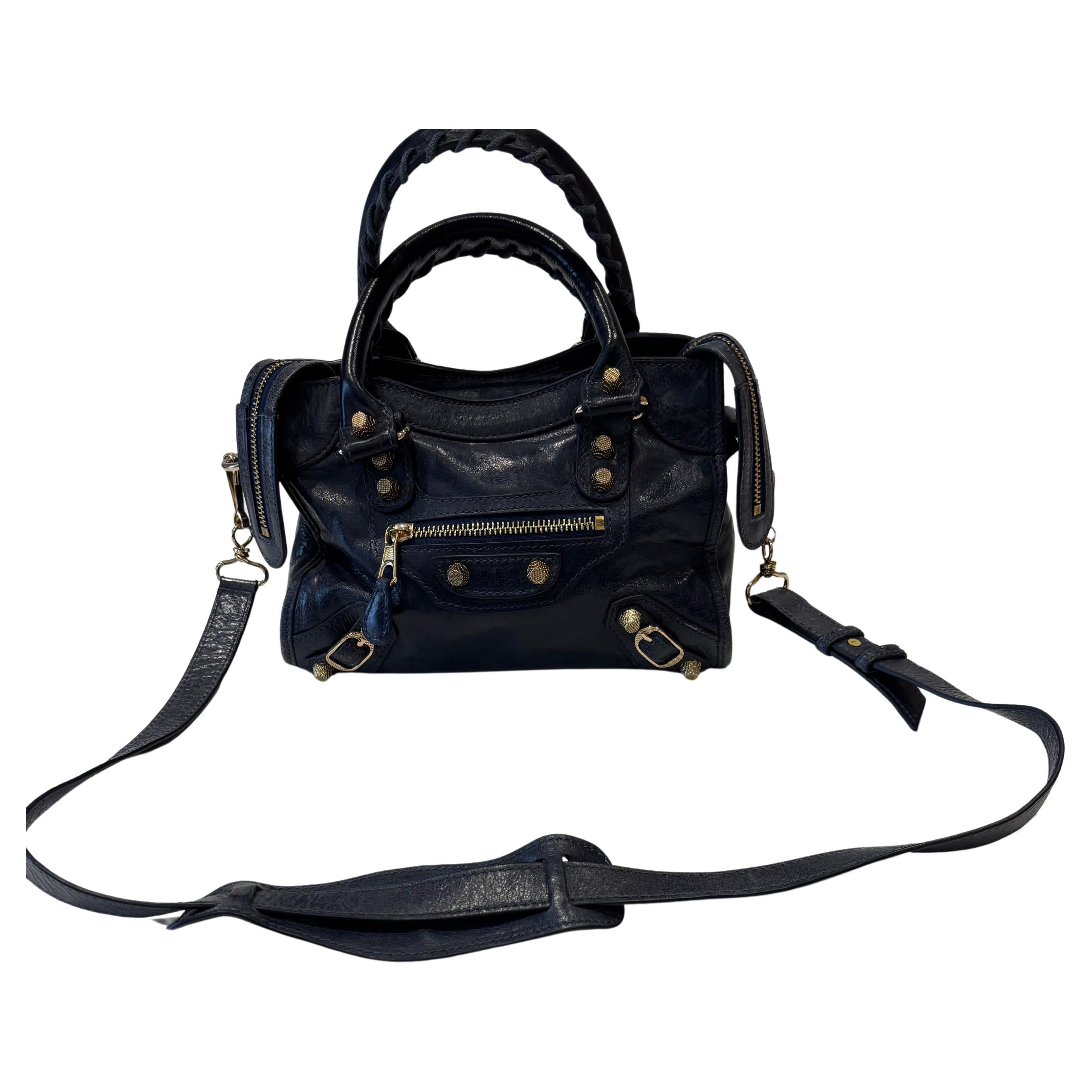 Balenciaga Dark Blue Aged Lambskin Classic Small City Bag w/Mirror For Sale