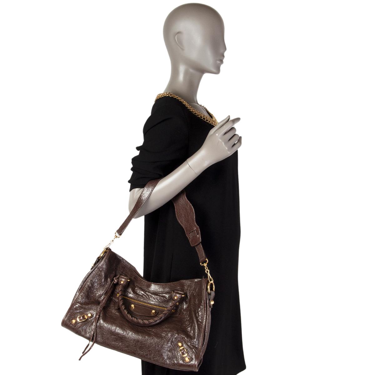 Women's BALENCIAGA dark brown distressed leather GIANT 12 CITY Shoulder Bag