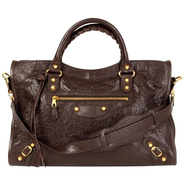 BALENCIAGA dark brown distressed leather GIANT 12 CITY Shoulder Bag at ...