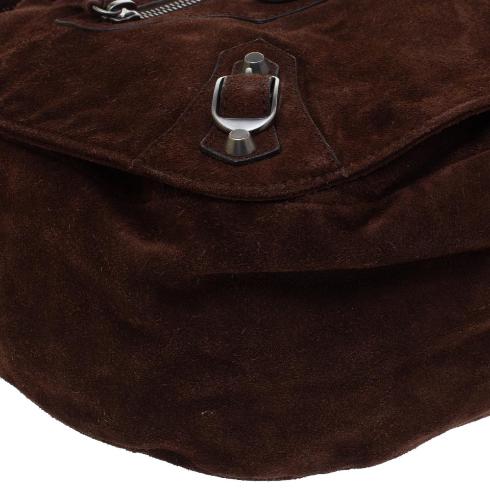 Balenciaga Dark Brown Suede RH Folk Messenger Bag In Good Condition In Dubai, Al Qouz 2