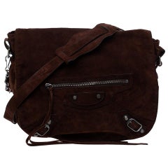 Balenciaga Dark Brown Suede RH Folk Messenger Bag